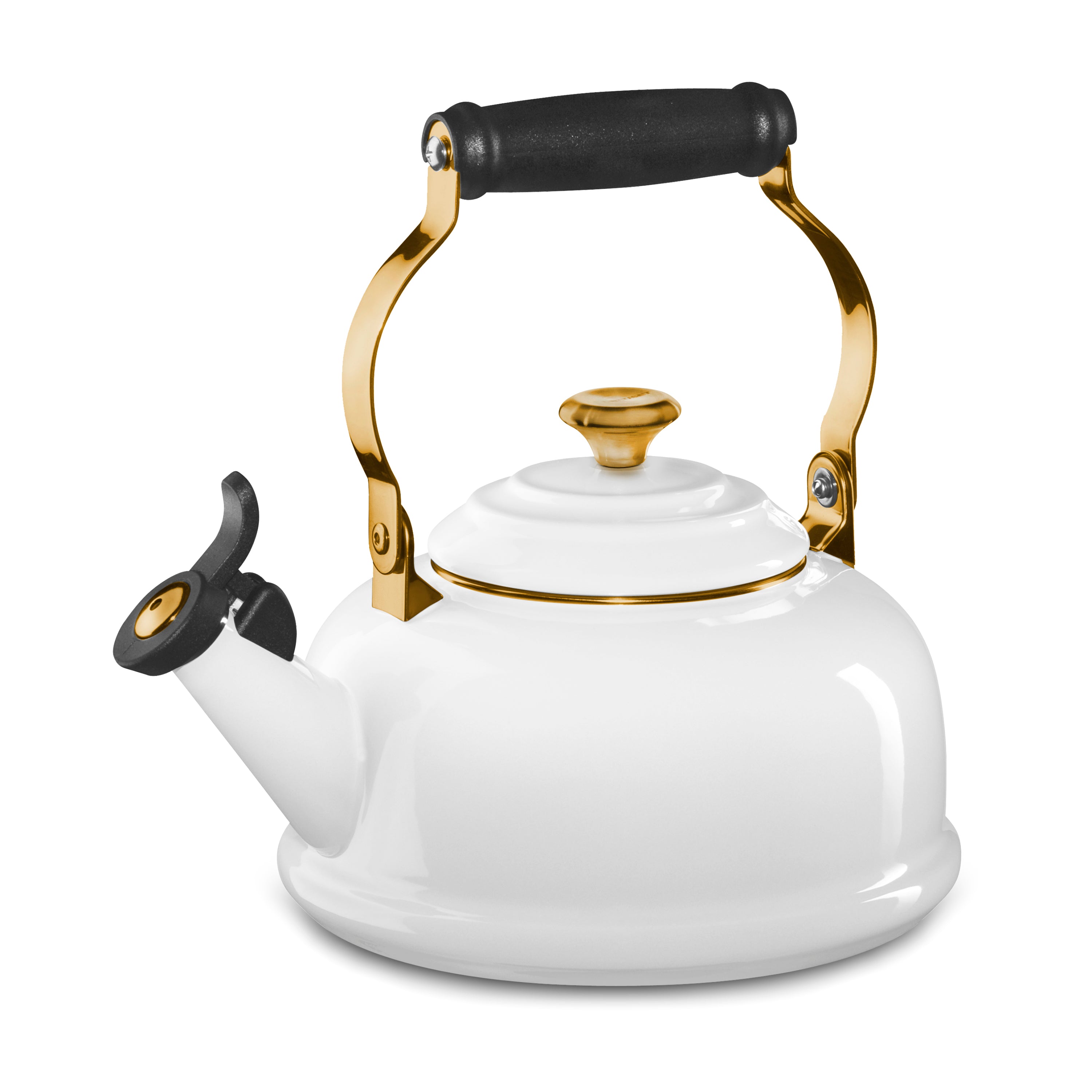 Le Creuset kettle with gold knob, showcasing its elegant design and vibrant color.
