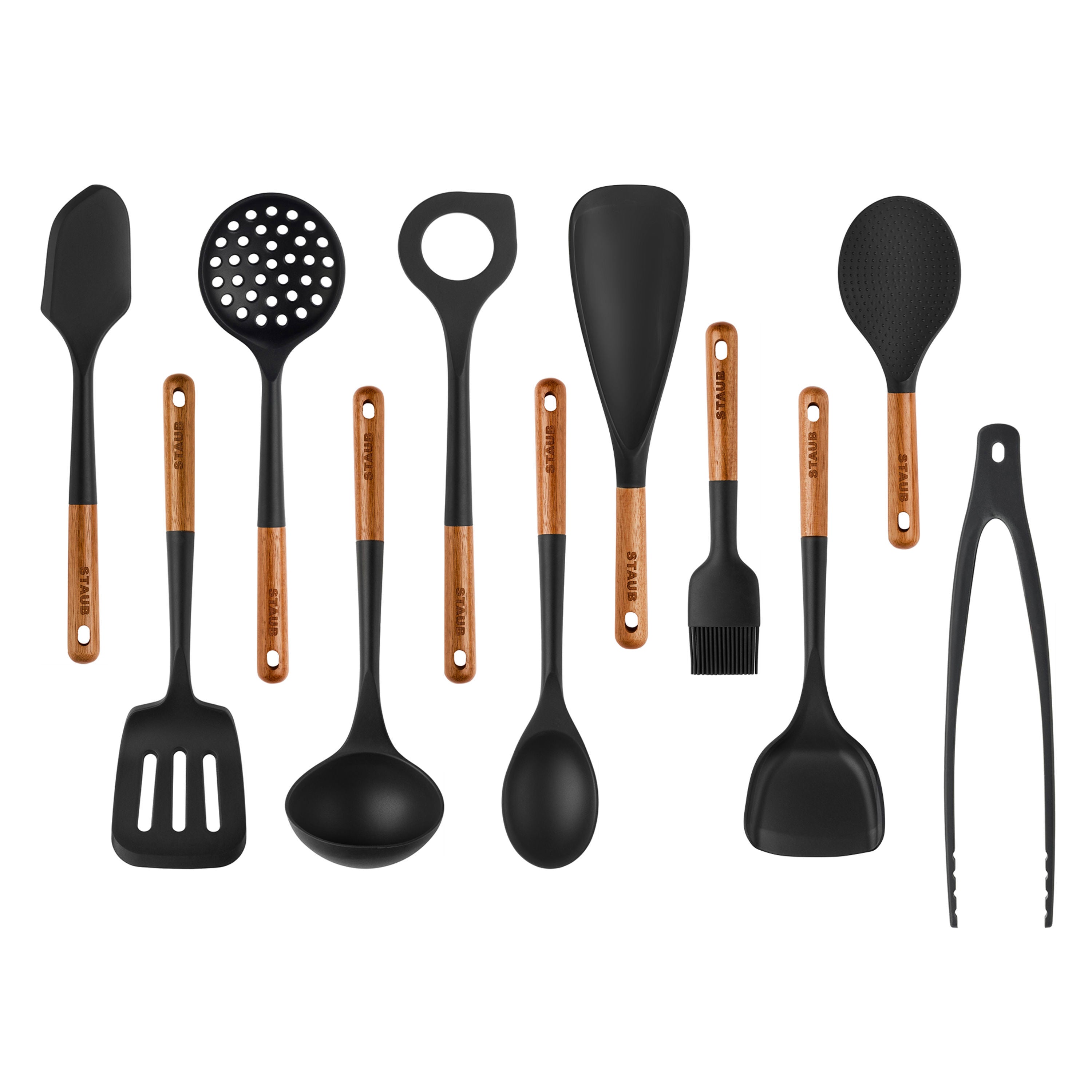 Premium silicone spatula set displayed on a kitchen counter with acacia wood handles.