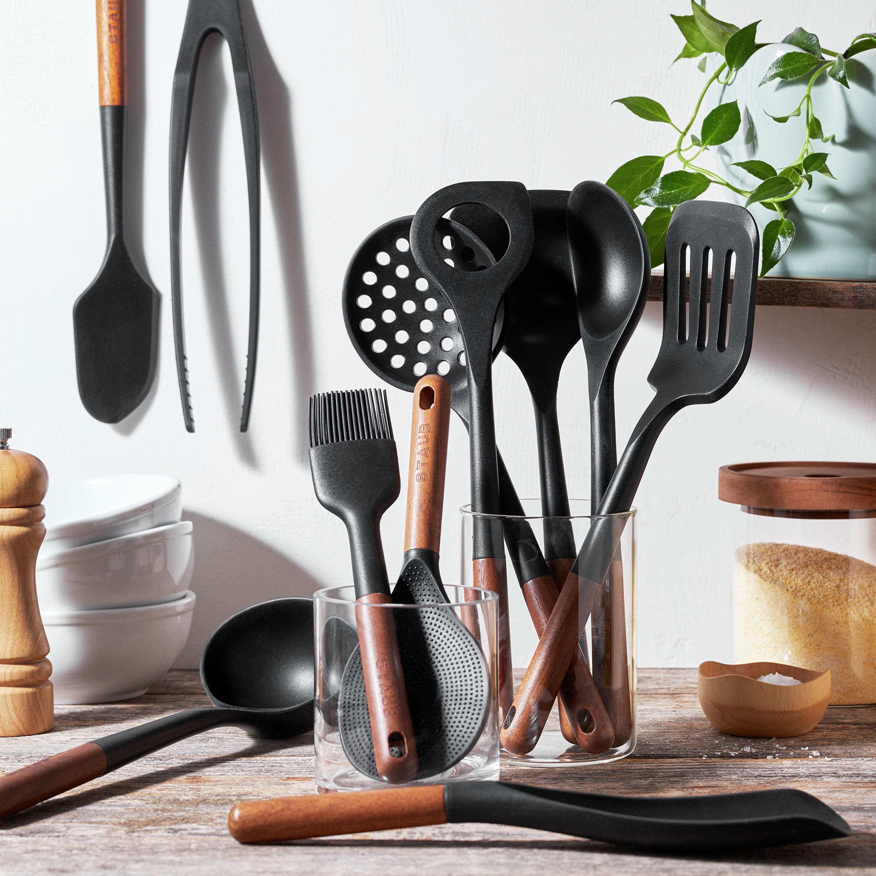 Elegant arrangement of the silicone tool set, highlighting the ergonomic handles and kitchen compatibility.