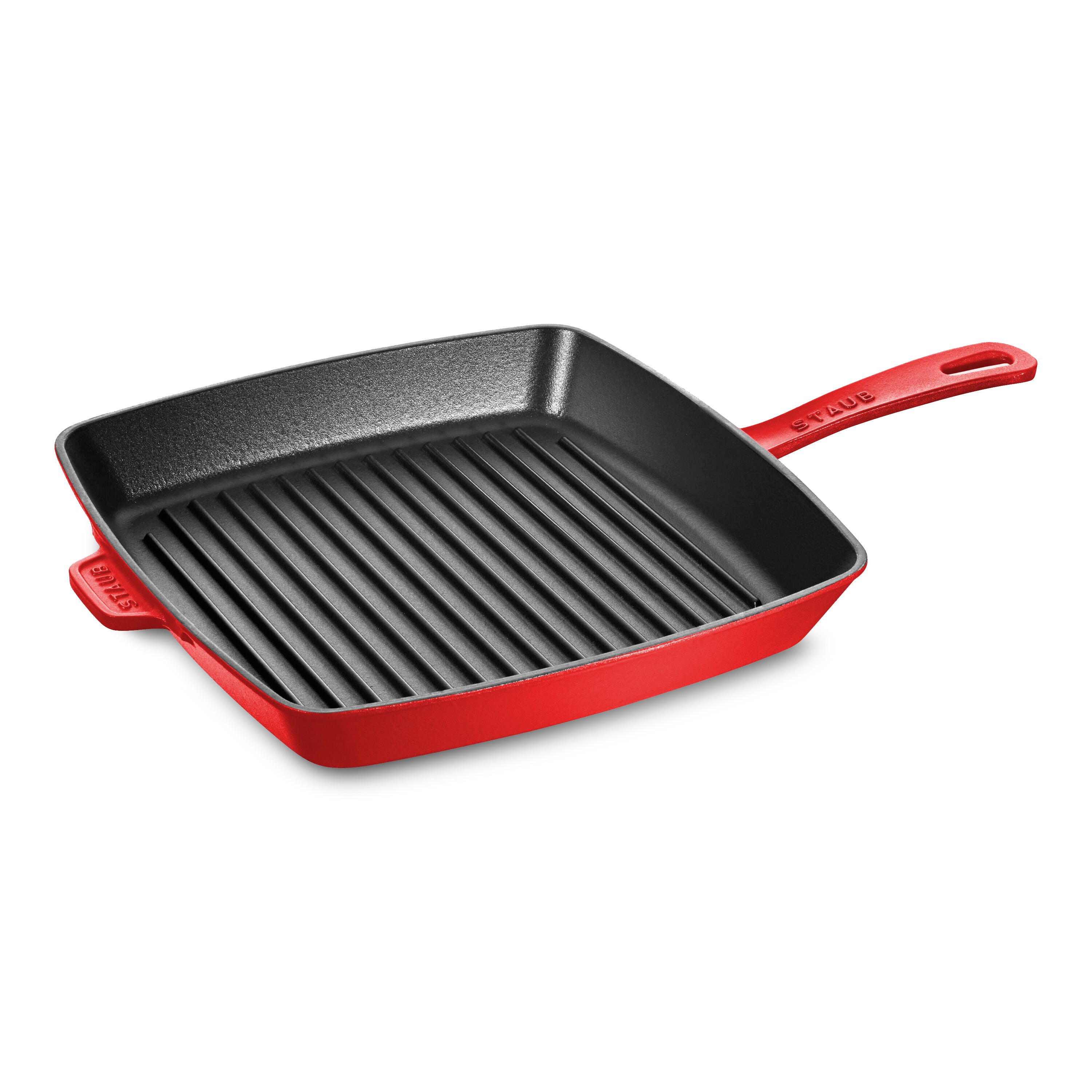 Cherry Red Staub 12-Inch Enameled Cast Iron Grill Pan showcasing its textured interior and grill grooves.