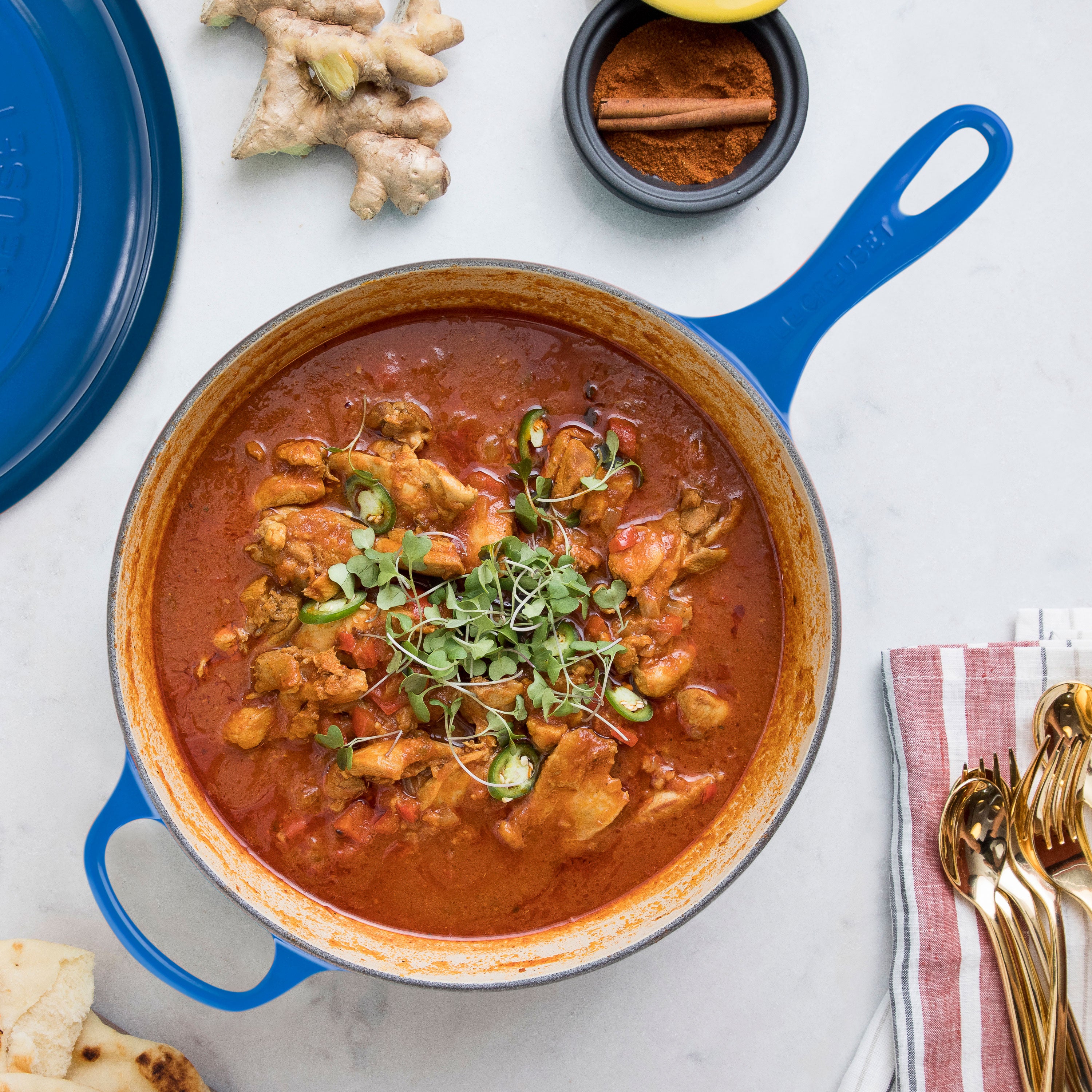 Top view of Le Creuset Marseille 3.75-quart pot filled with a delicious stew, highlighting its heat retention capabilities.