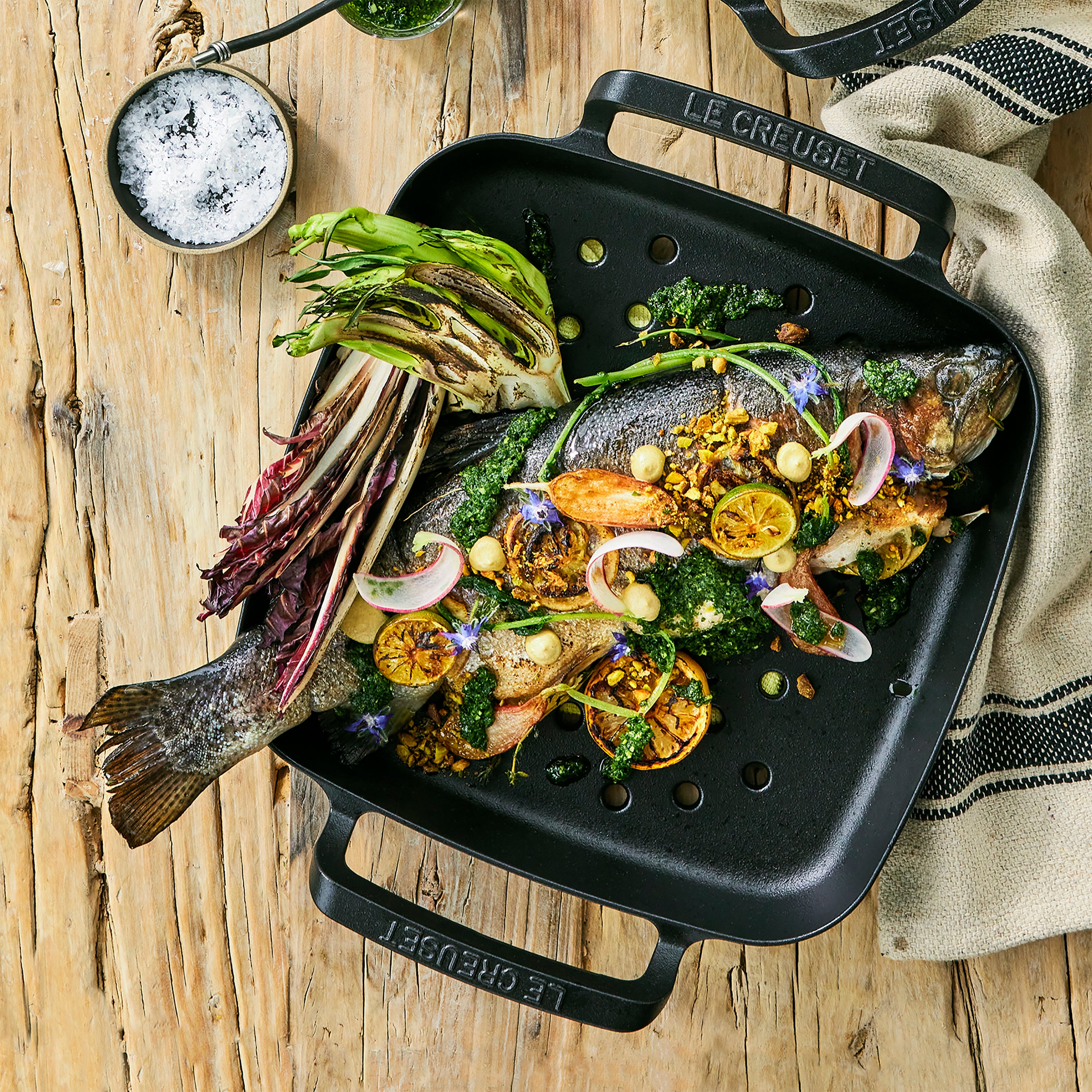 Overhead view of Le Creuset grill basket showcasing perforations