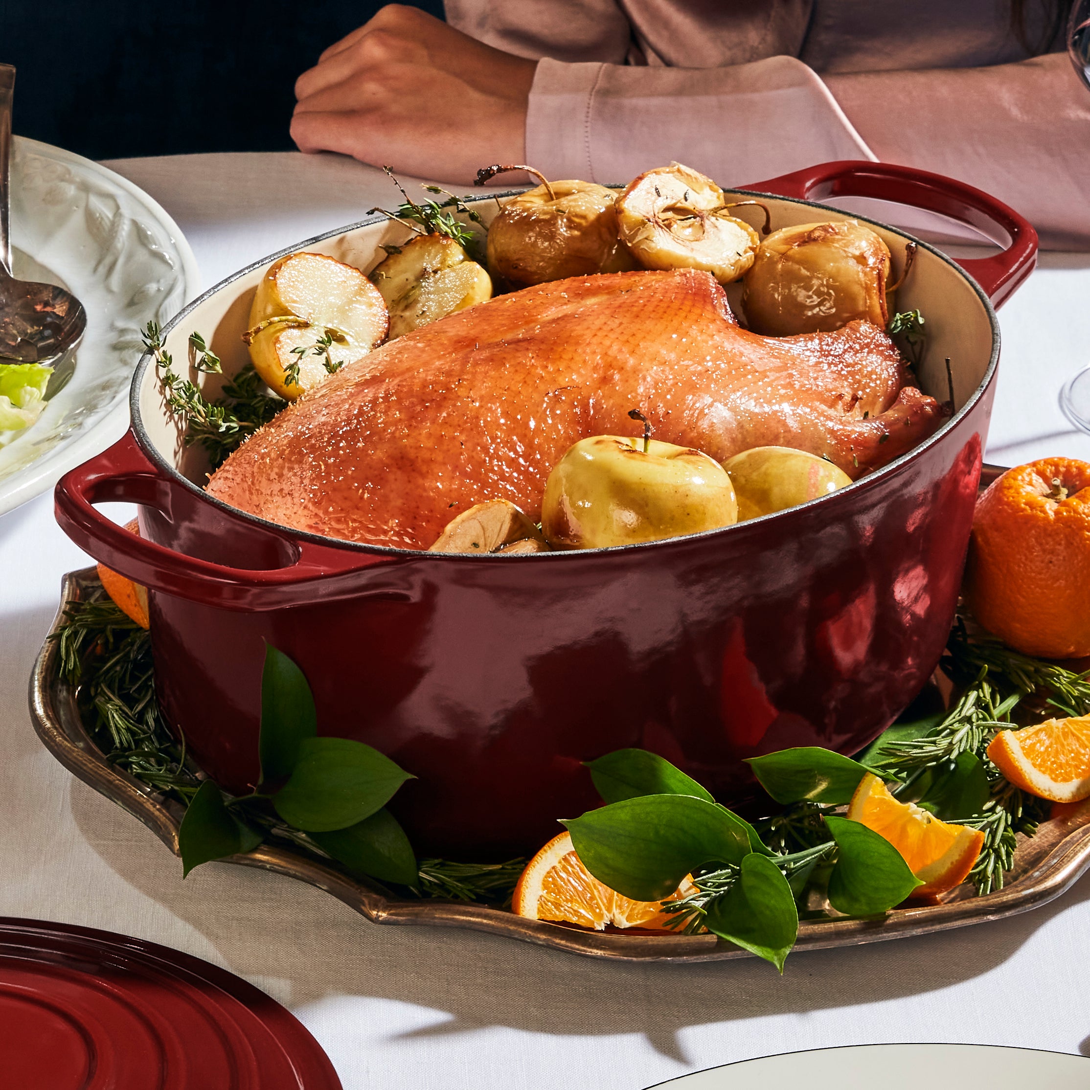 Le Creuset Rhone Oval Enameled Dutch Oven showcasing heat retention features.