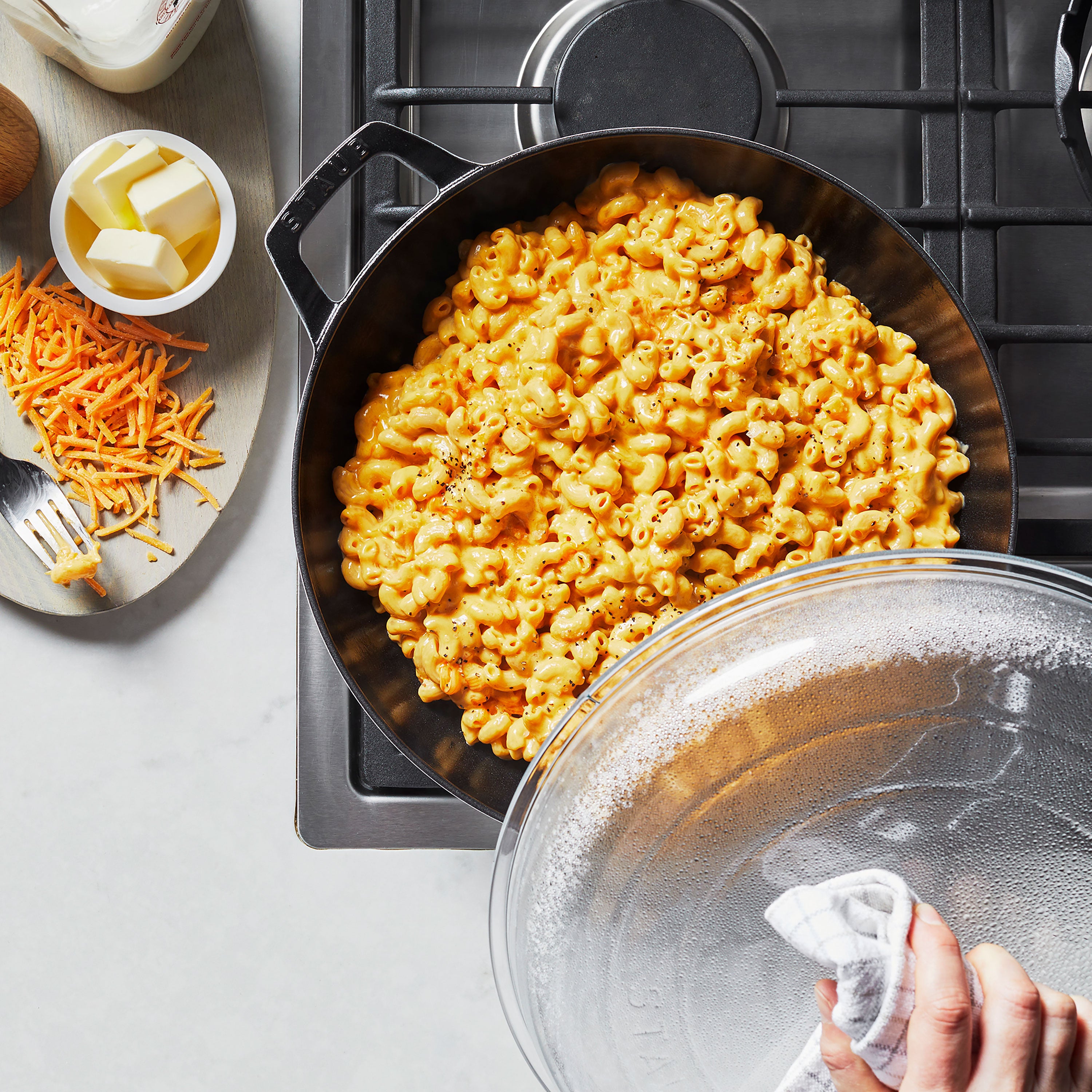 Close-up view of Staub 3.5-quart black braiser showcasing the textured enamel interior.