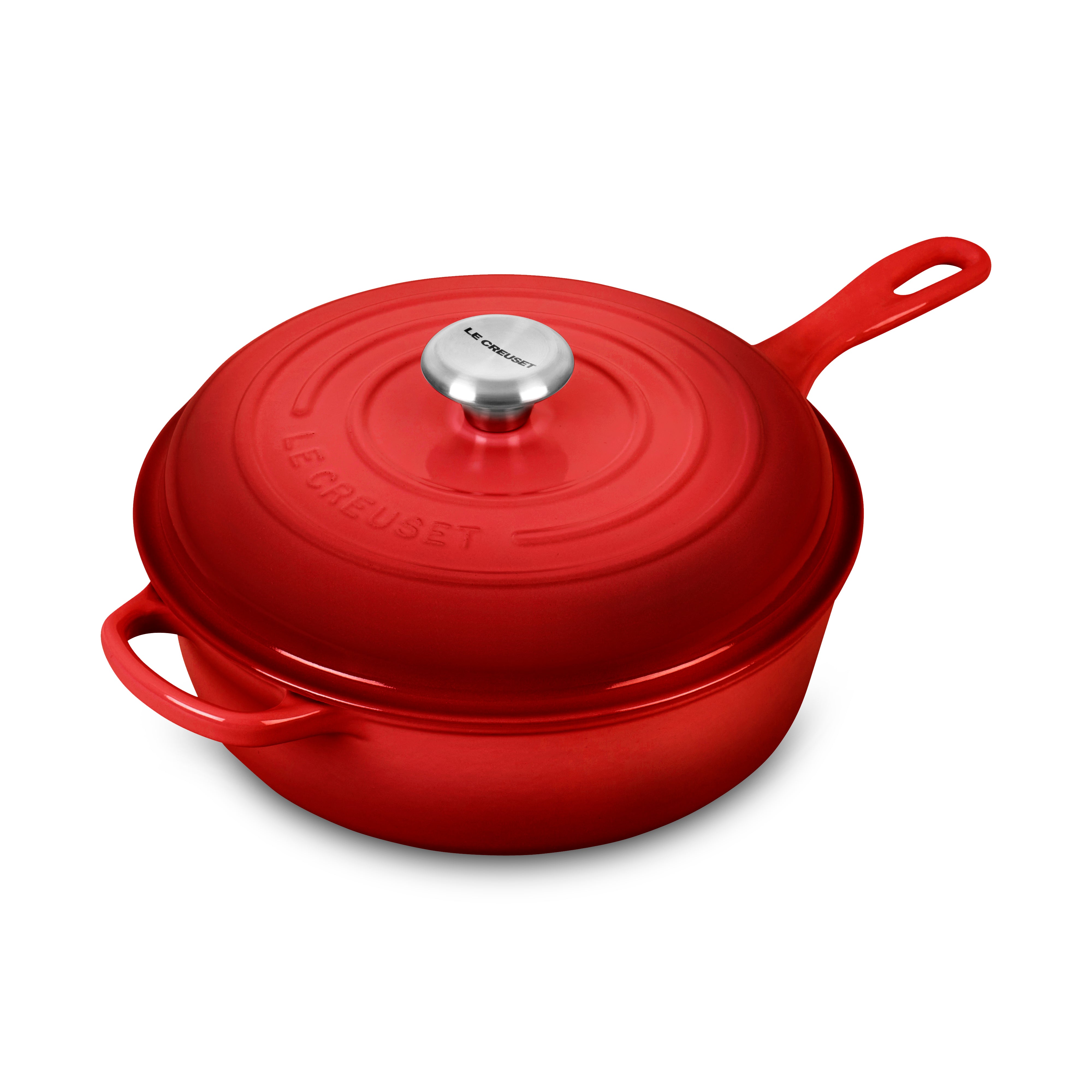 Le Creuset 3.75-quart Cerise Casserole Dish from the side, highlighting its ergonomic handles and vibrant color.