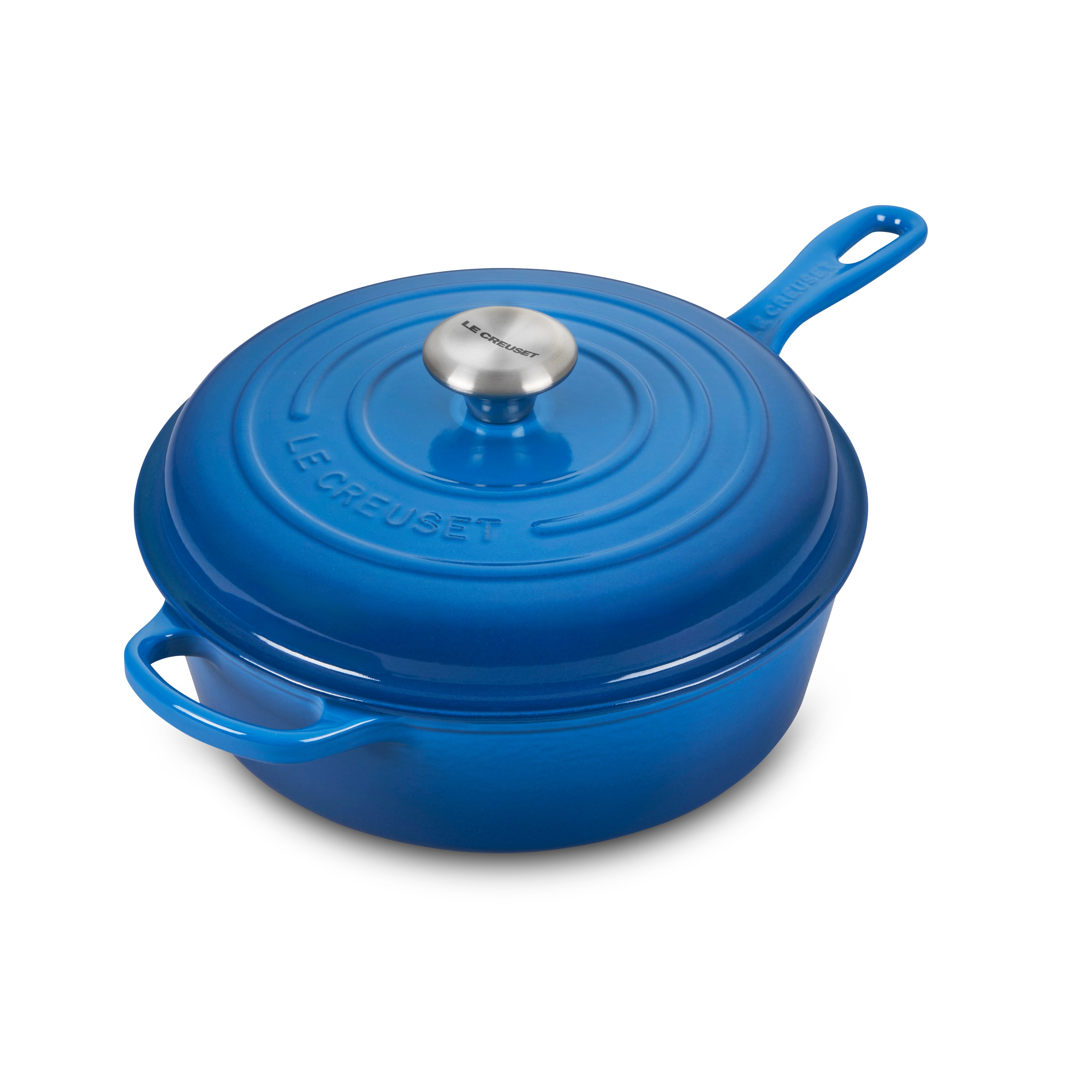Le Creuset Marseille 3.75-quart enamel cast iron pot with lid, angled view, showcasing its sturdy handle.