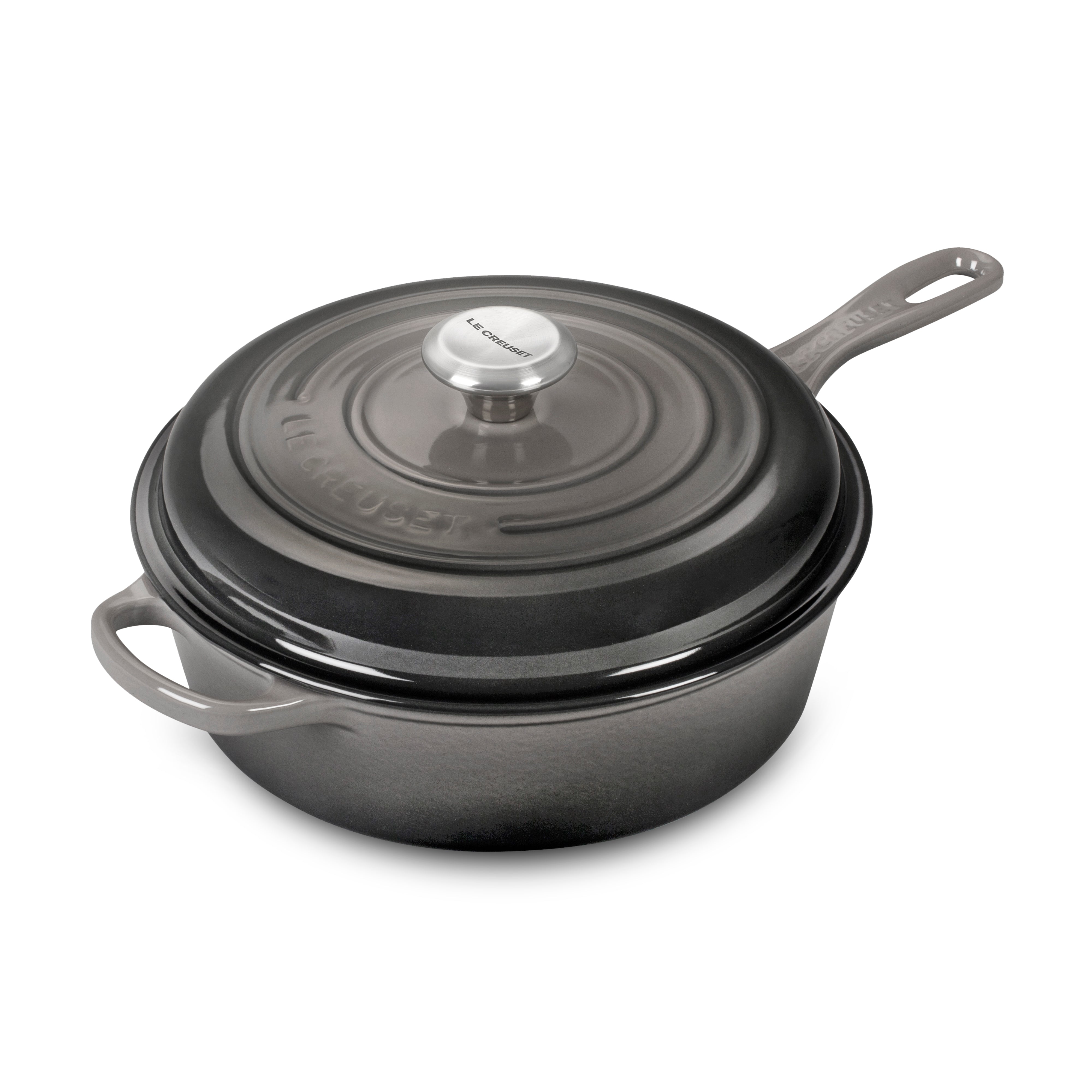Le Creuset Premium Enameled Cast Iron Casserole Dish from the front, highlighting its vibrant enamel finish and ergonomic handle.