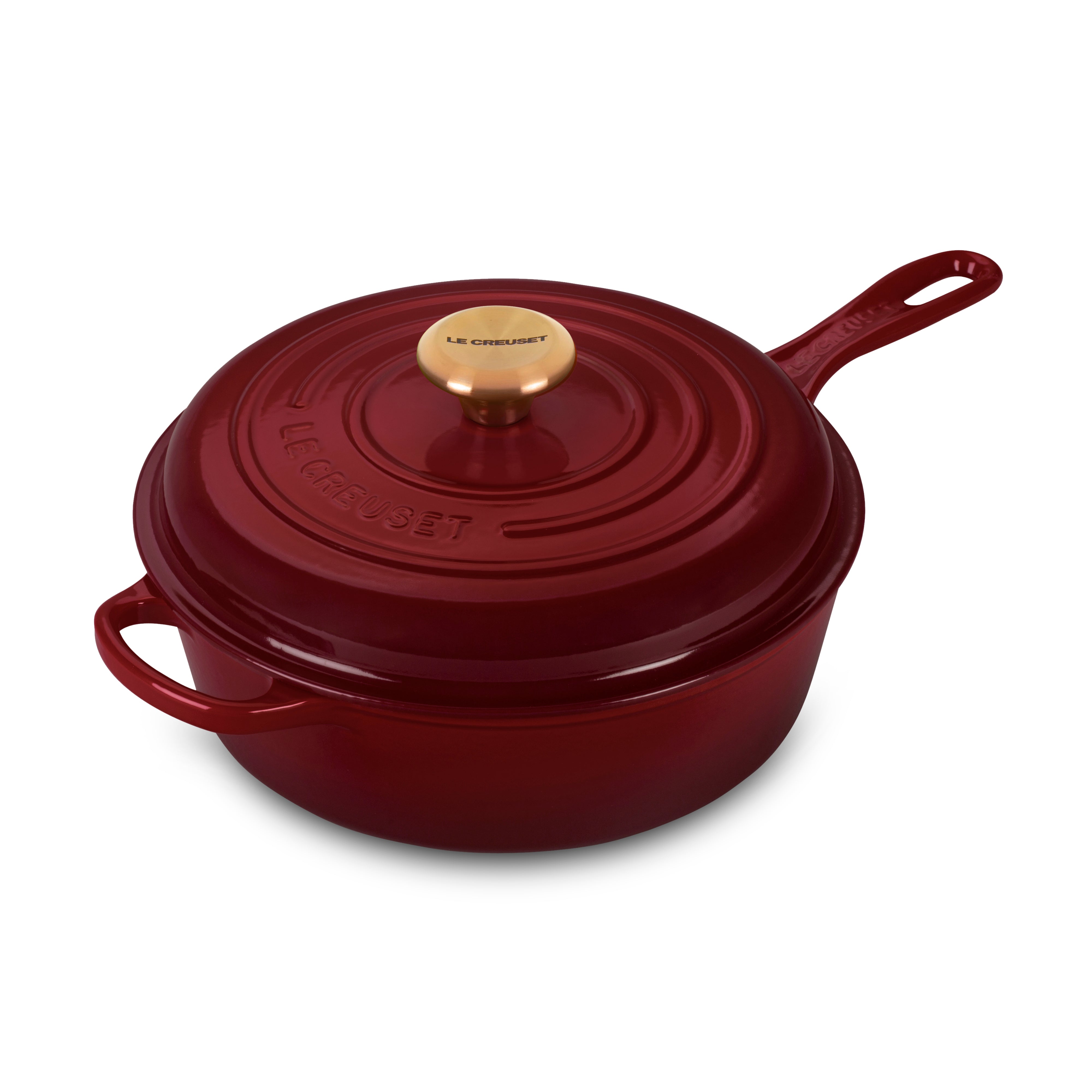 Le Creuset Enameled Cast Iron Dutch Oven from the side, showcasing its ergonomic handle and vibrant color.