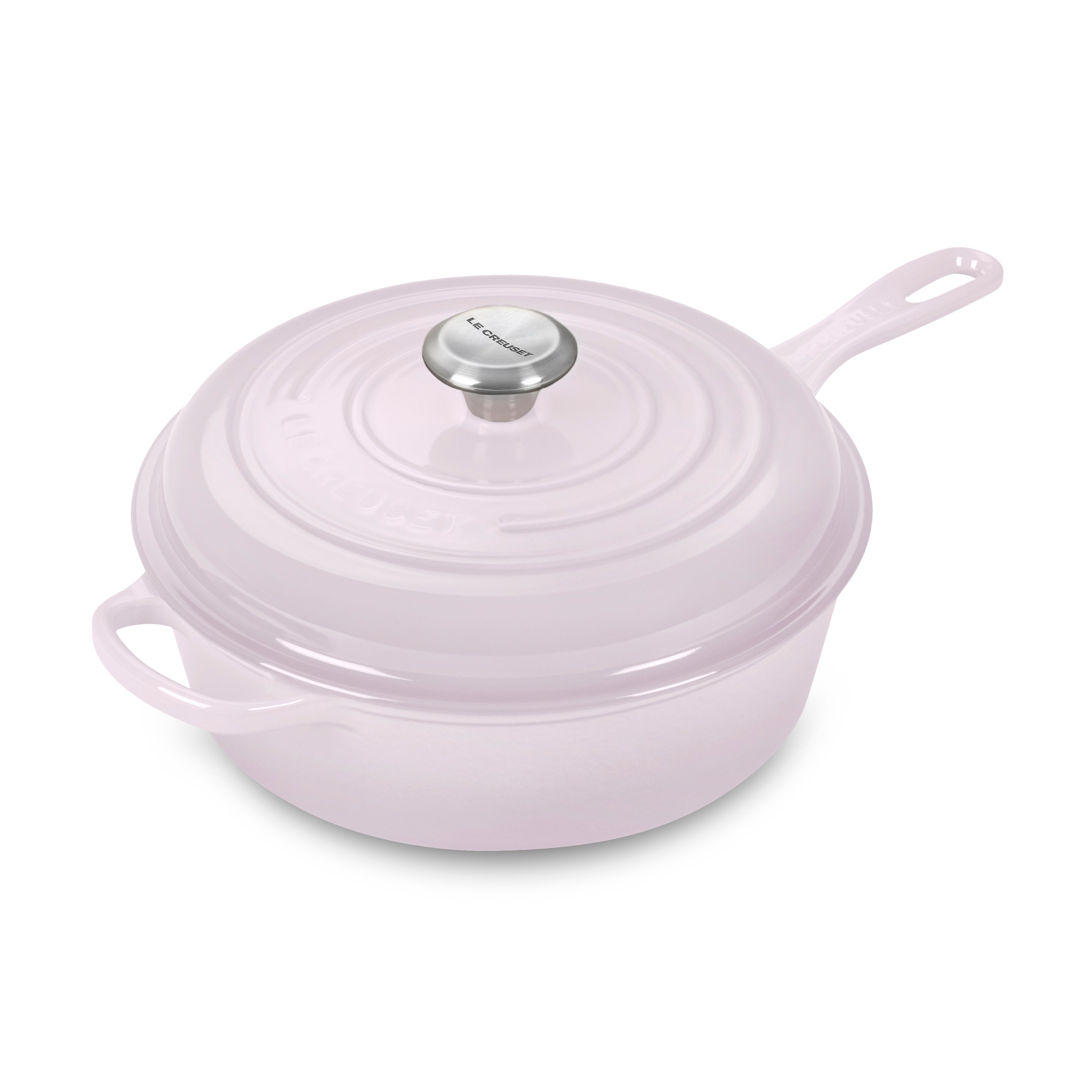 Le Creuset Dutch oven in Shallot color with steam rising, perfect for slow-cooking.