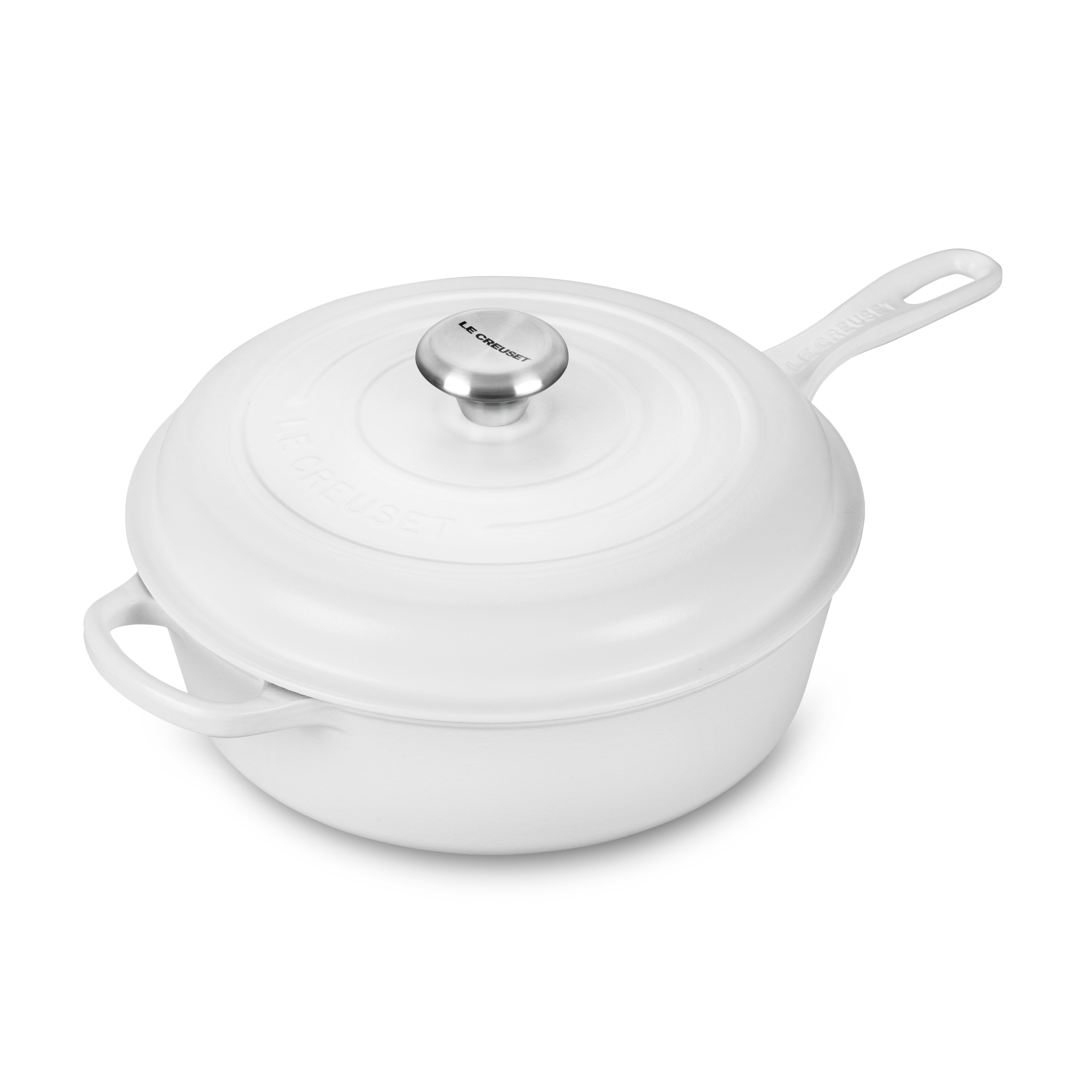 Le Creuset Signature enameled cast iron Dutch oven from a side angle, highlighting its smooth finish and ergonomic handle.