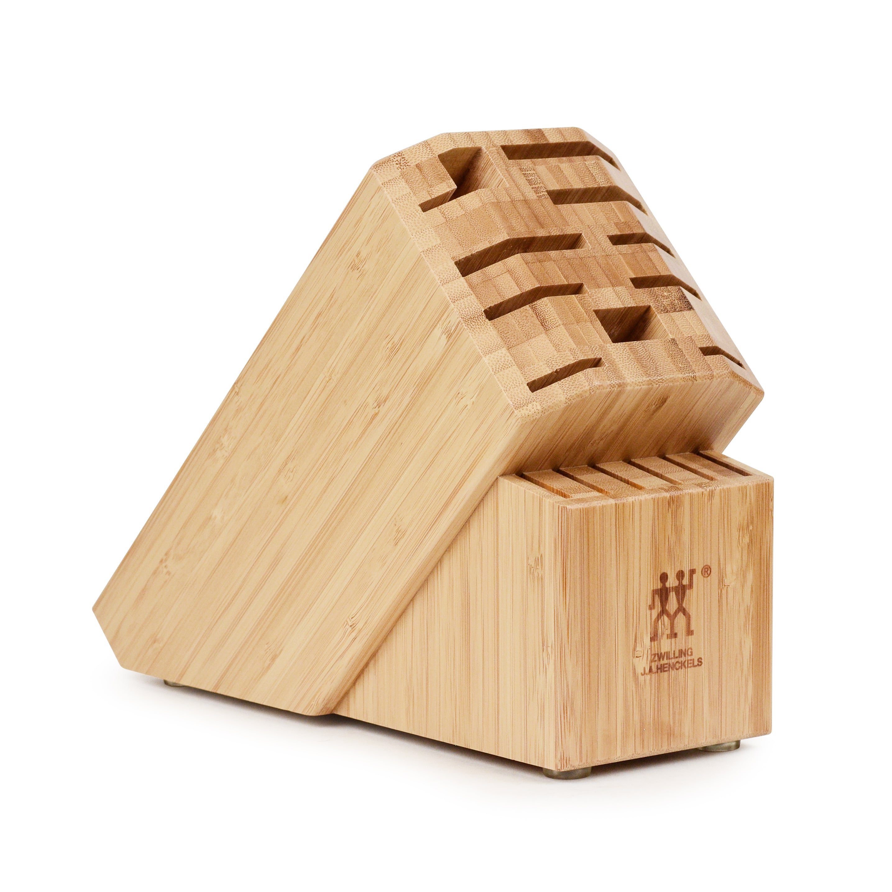 Front view of Zwilling Pro bamboo knife block showing the 16 knife slots, ideal for kitchen storage.