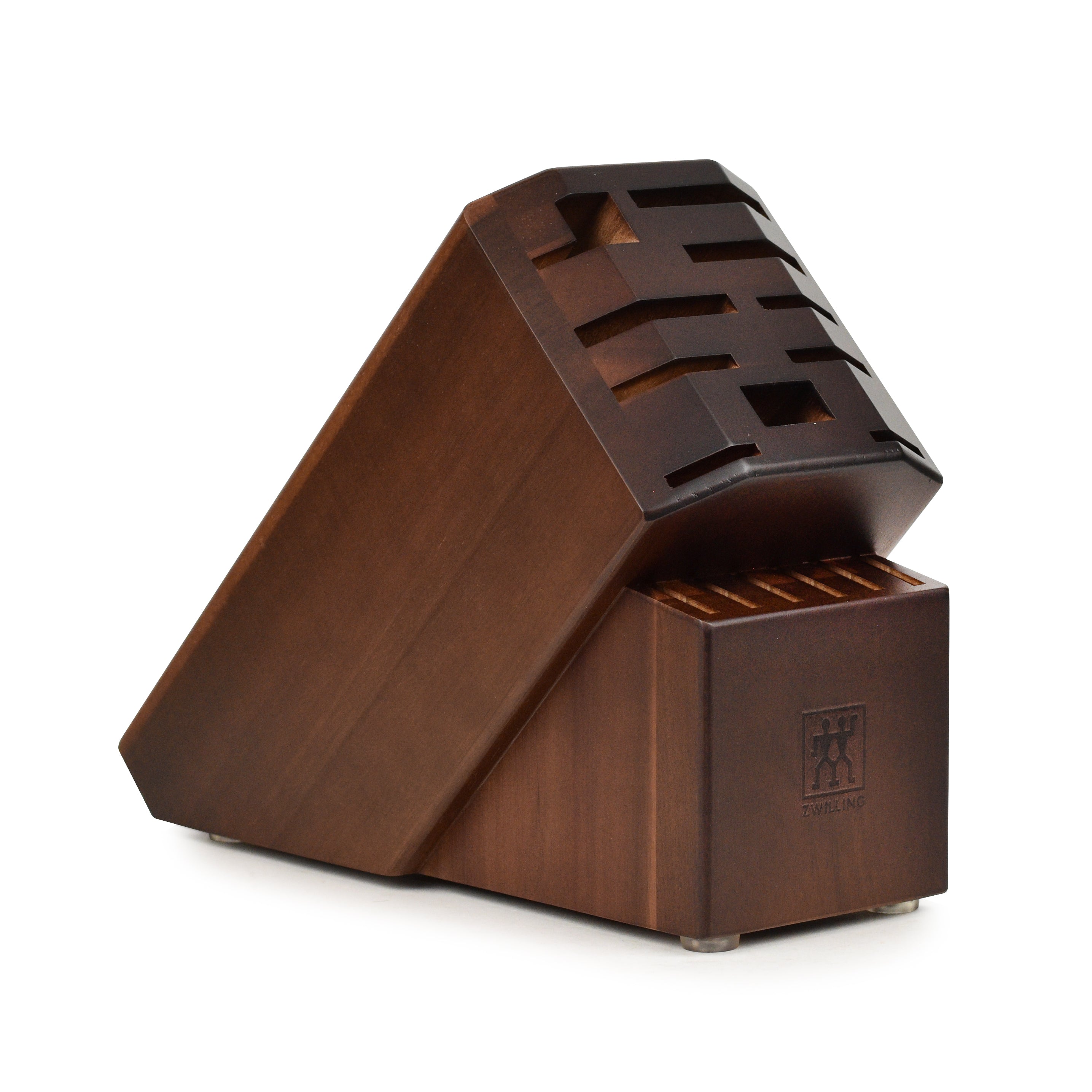 Elegant acacia knife holder showcasing kitchen knives and shears.