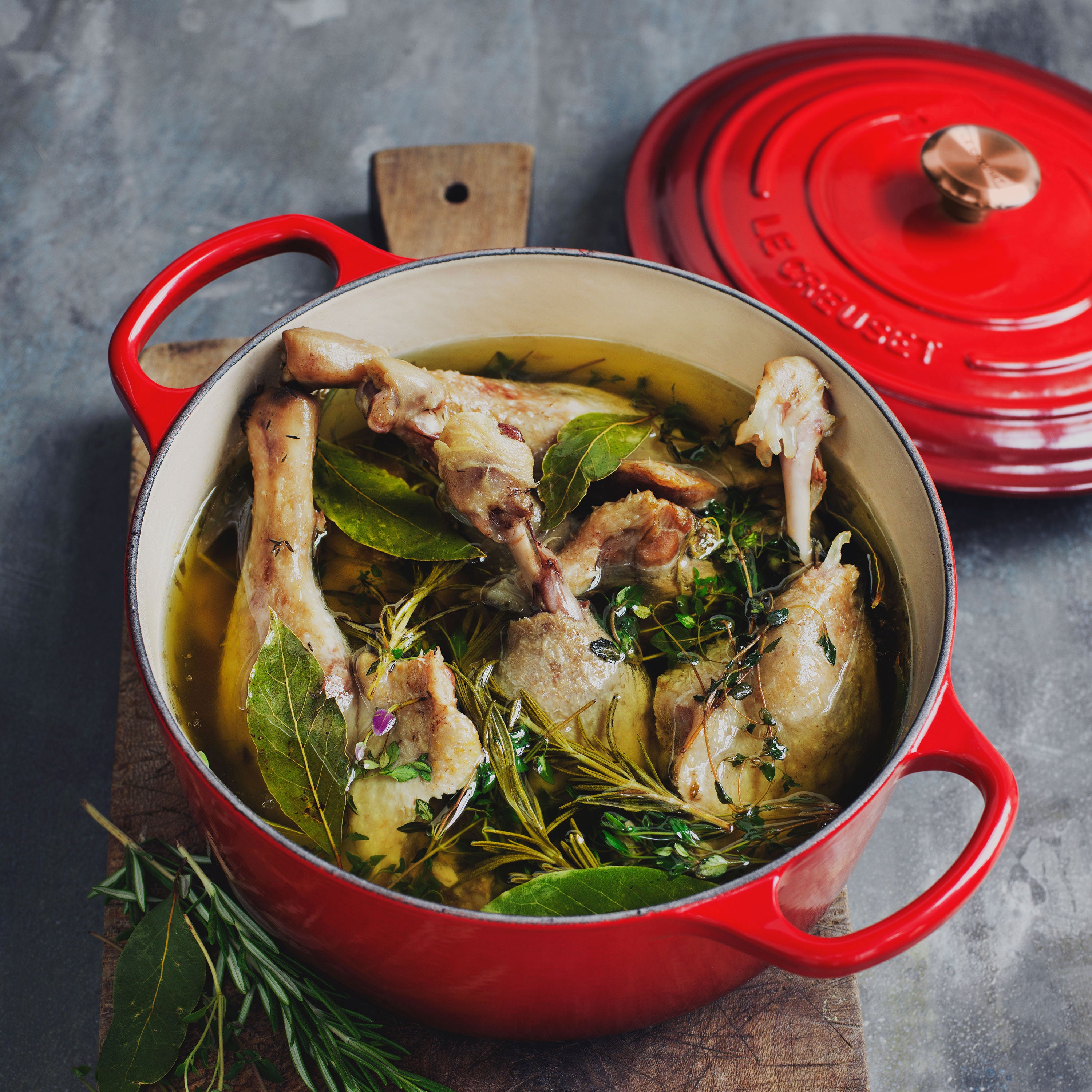 Close-up of ergonomic handles and tight-fitting lid on Le Creuset Dutch oven