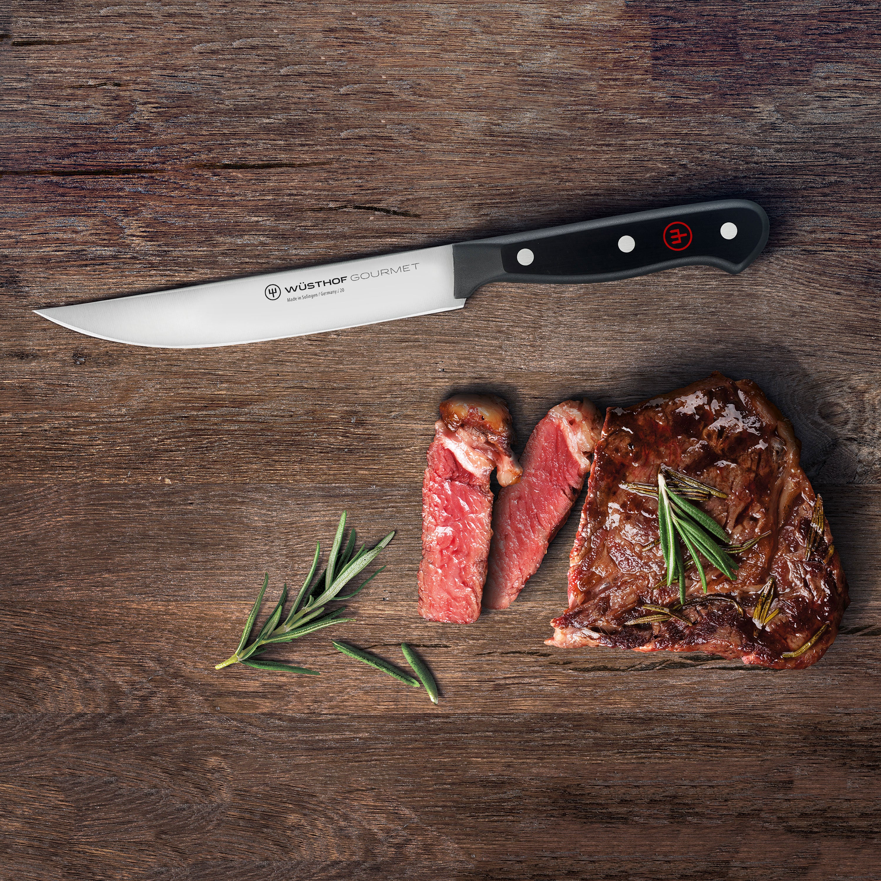 Wusthof steak knife set displayed in a wooden block, emphasizing its elegant design for kitchen cutlery.
