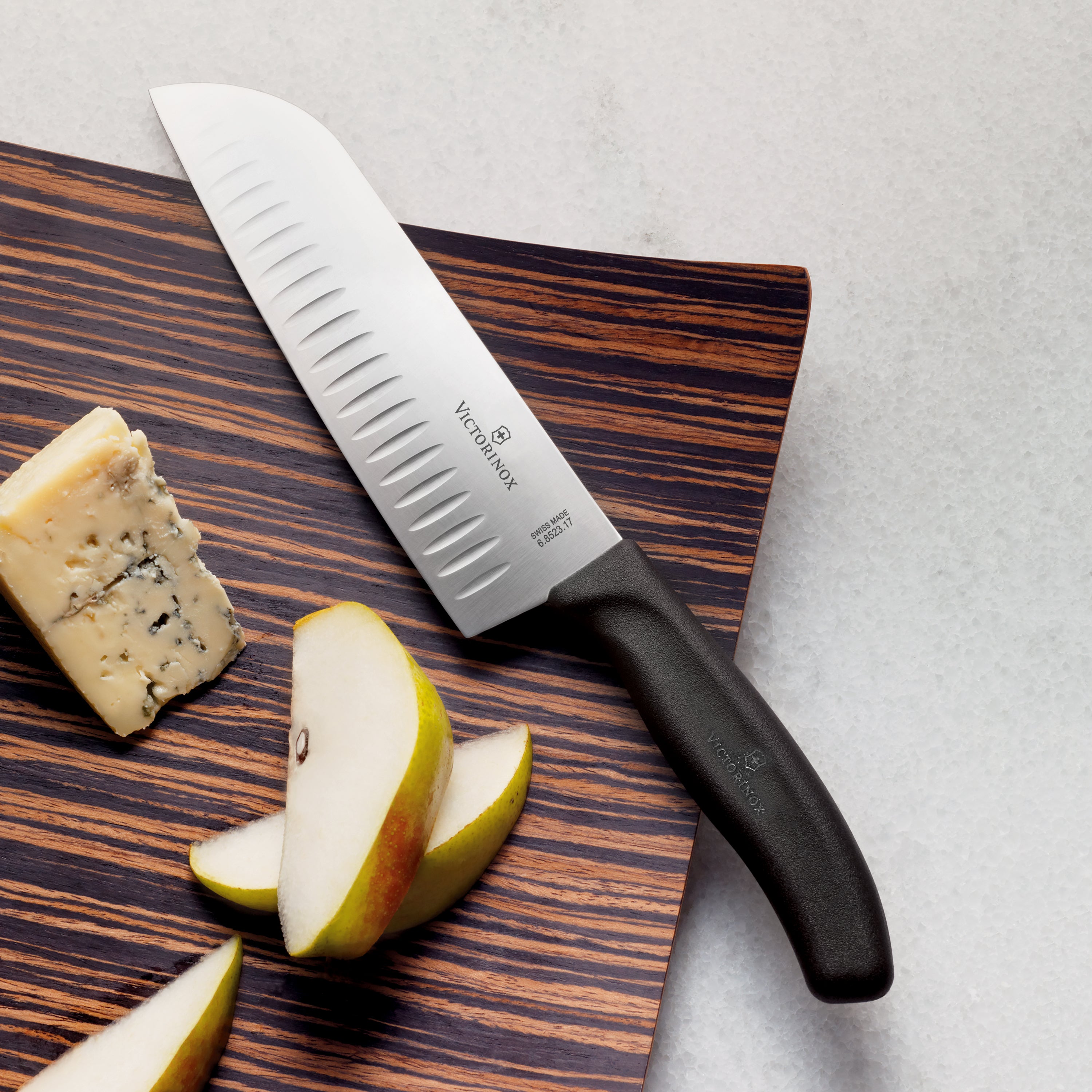 Set of knives in a modern knife block with ergonomic handles