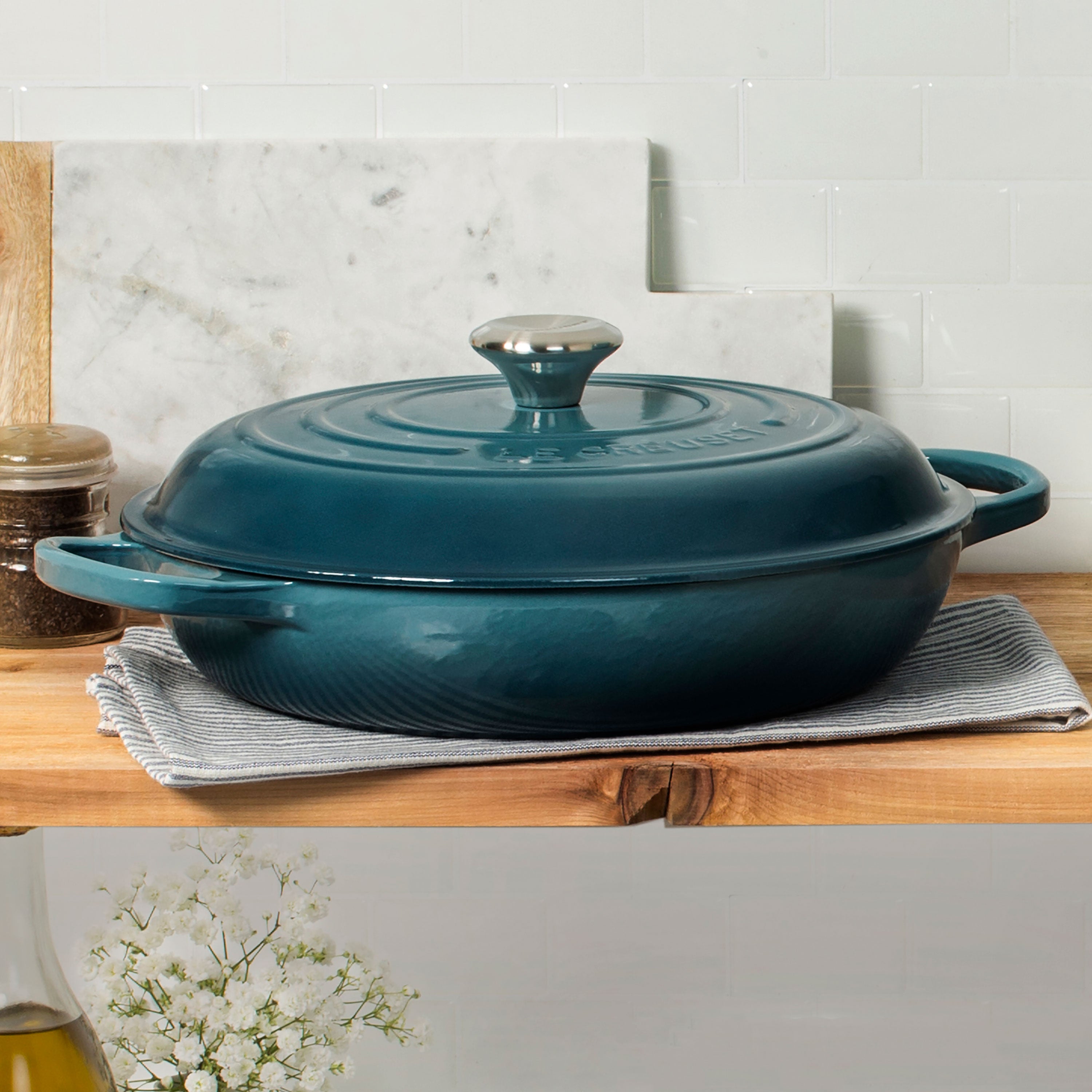 Close-up of enamel surface highlighting chip-resistant finish on Le Creuset pan