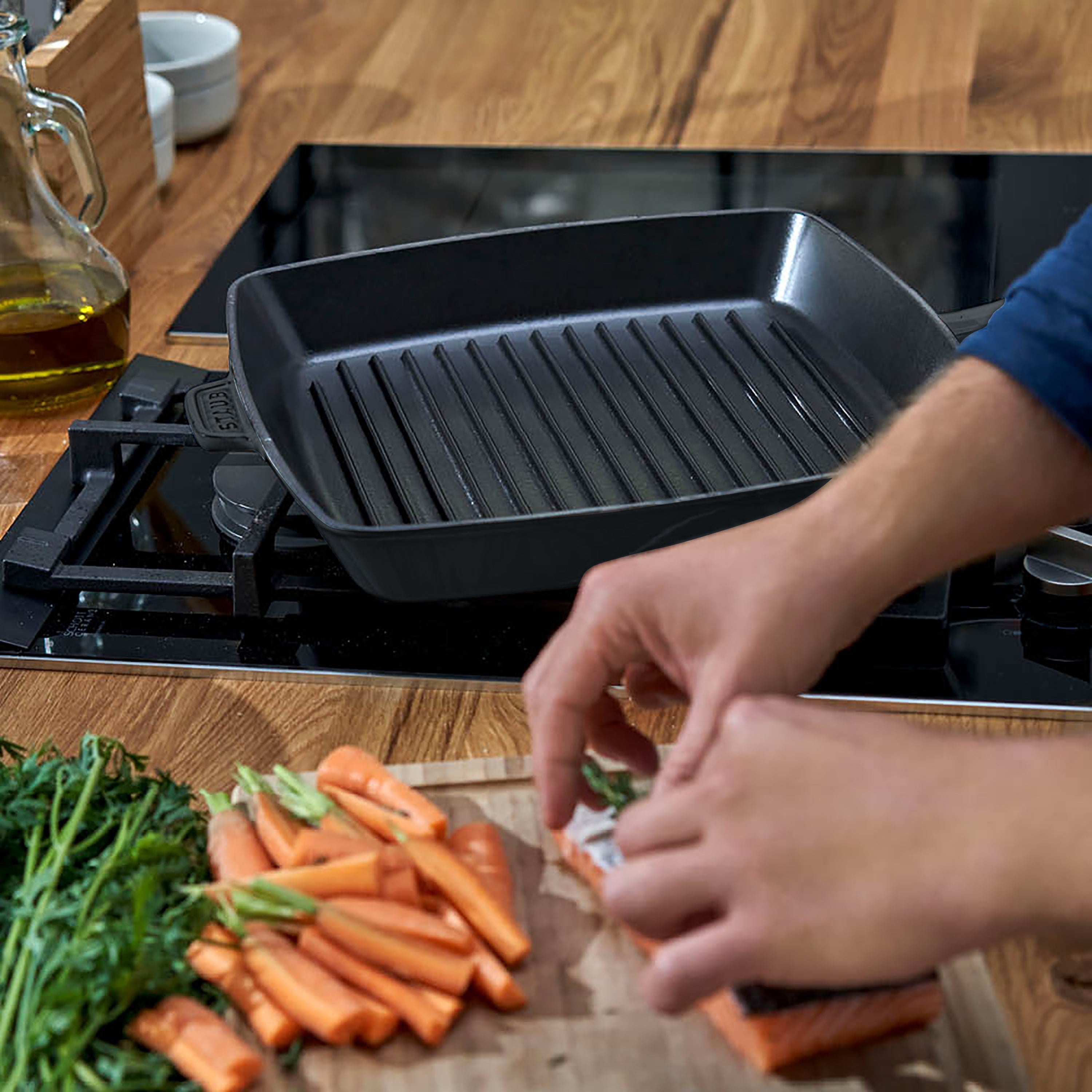 Staub matte black square grill pan with grill marks for indoor grilling