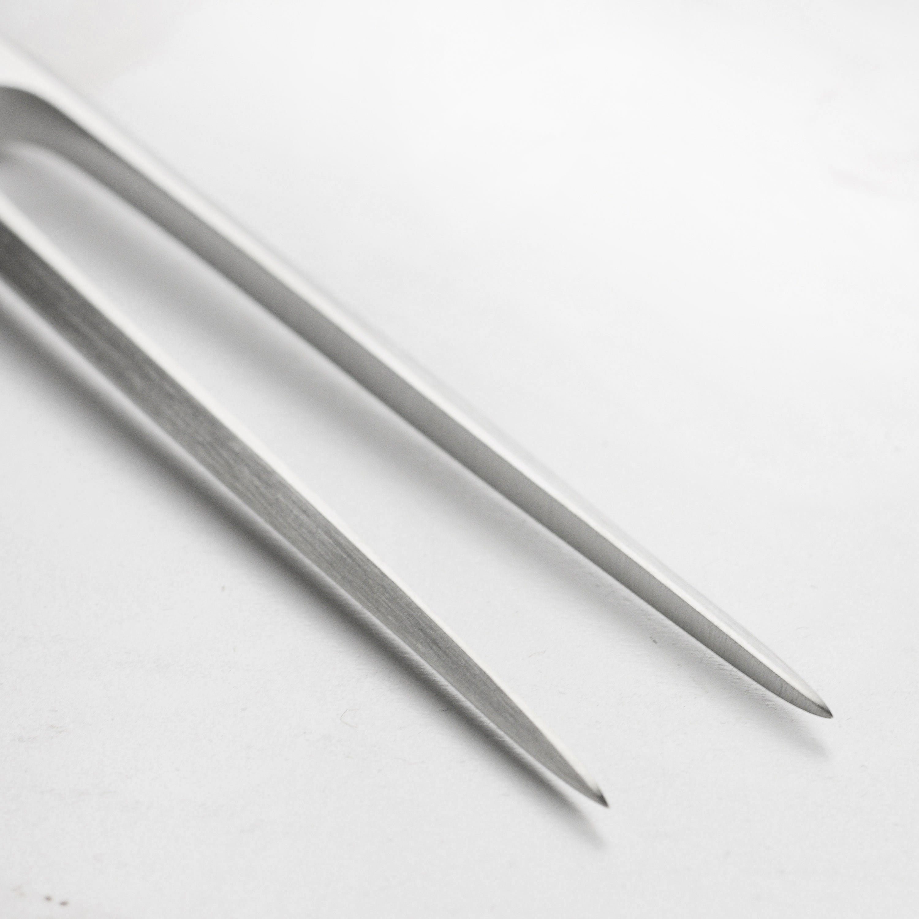 Close-up of the carving fork’s two stainless-steel prongs holding meat firmly