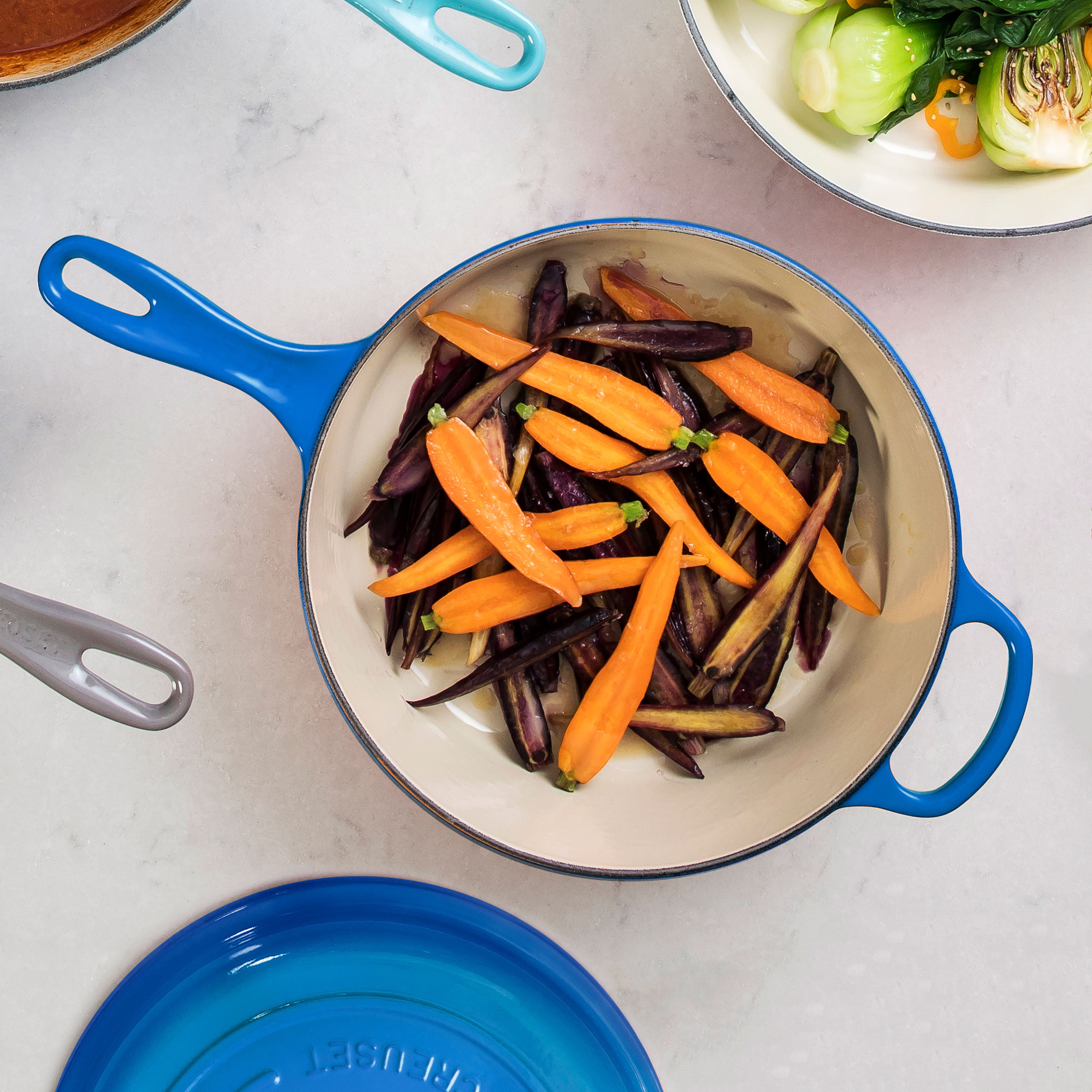 Top view of Le Creuset Marseille 3.75-quart pot filled with a delicious stew, highlighting its heat retention capabilities.