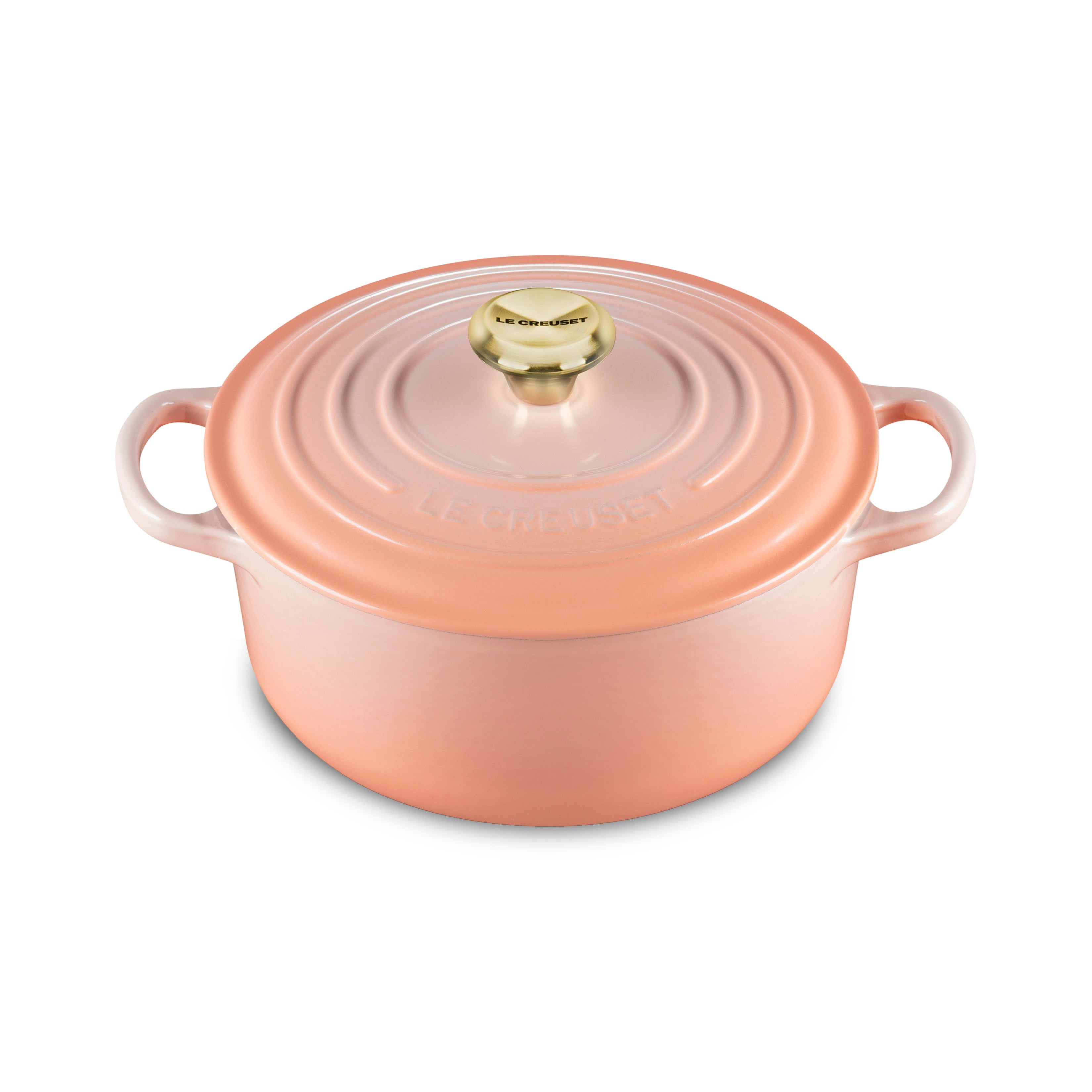 Le Creuset cast iron Dutch oven with Peche color, front view, ideal for slow cooking