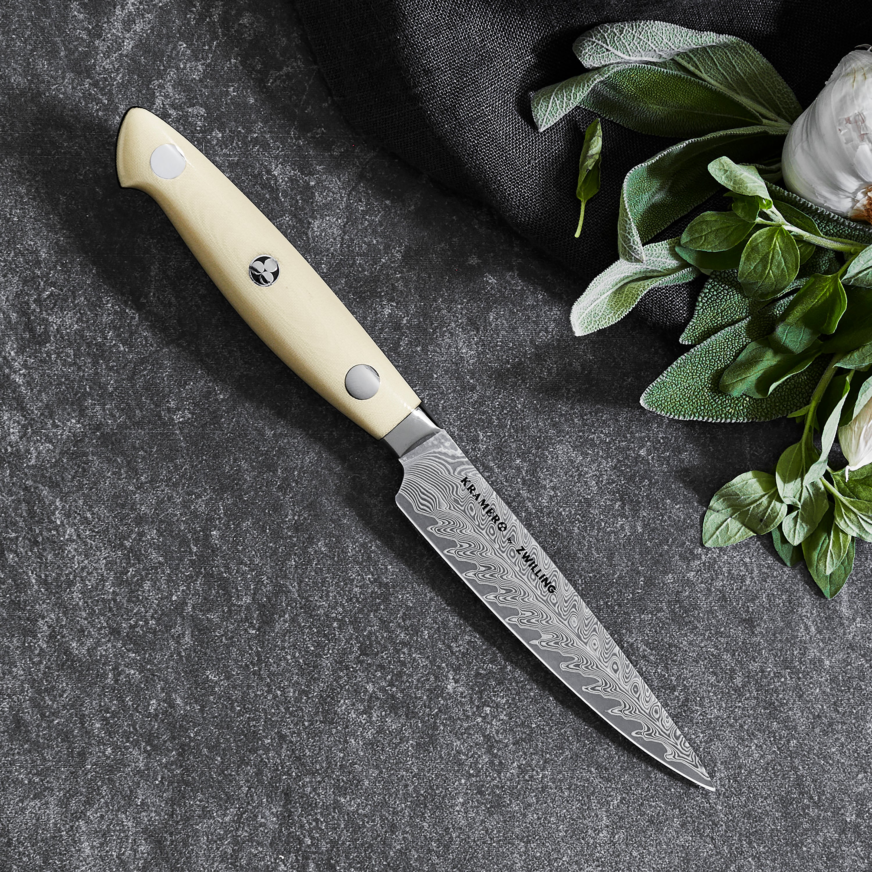 Detailed view of the hand-honed edge on the Kramer Cumulus paring knife