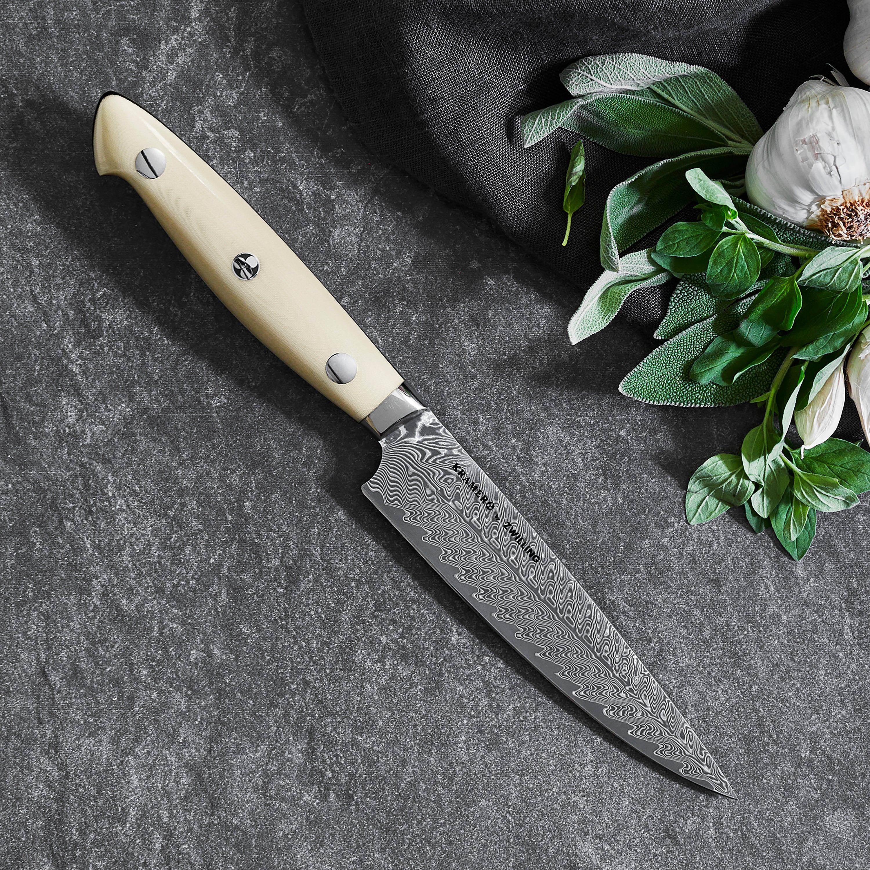 Full view of the Kramer Cumulus utility knife highlighting its handcrafted quality