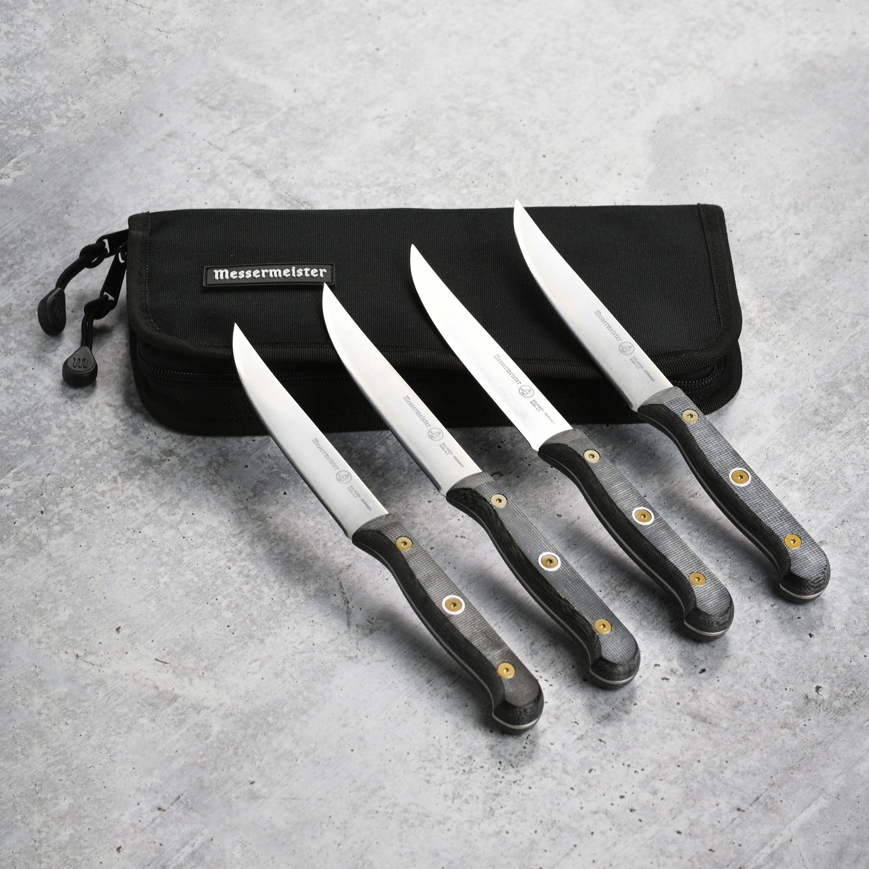Close-up of Messermeister Custom Micarta steak knife handle with textured grip