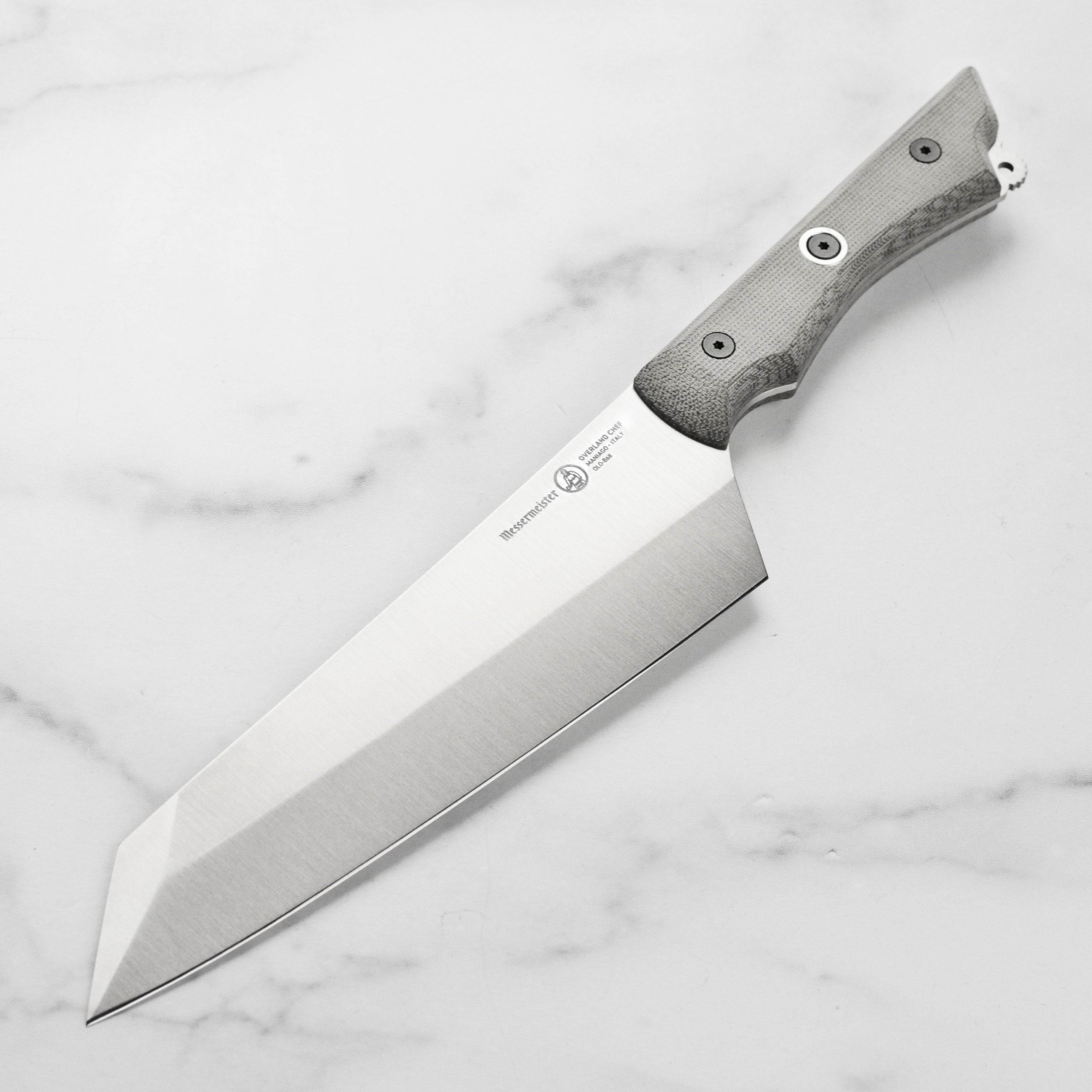 Messermeister Overland 8-inch chef's knife with detailed blade close-up