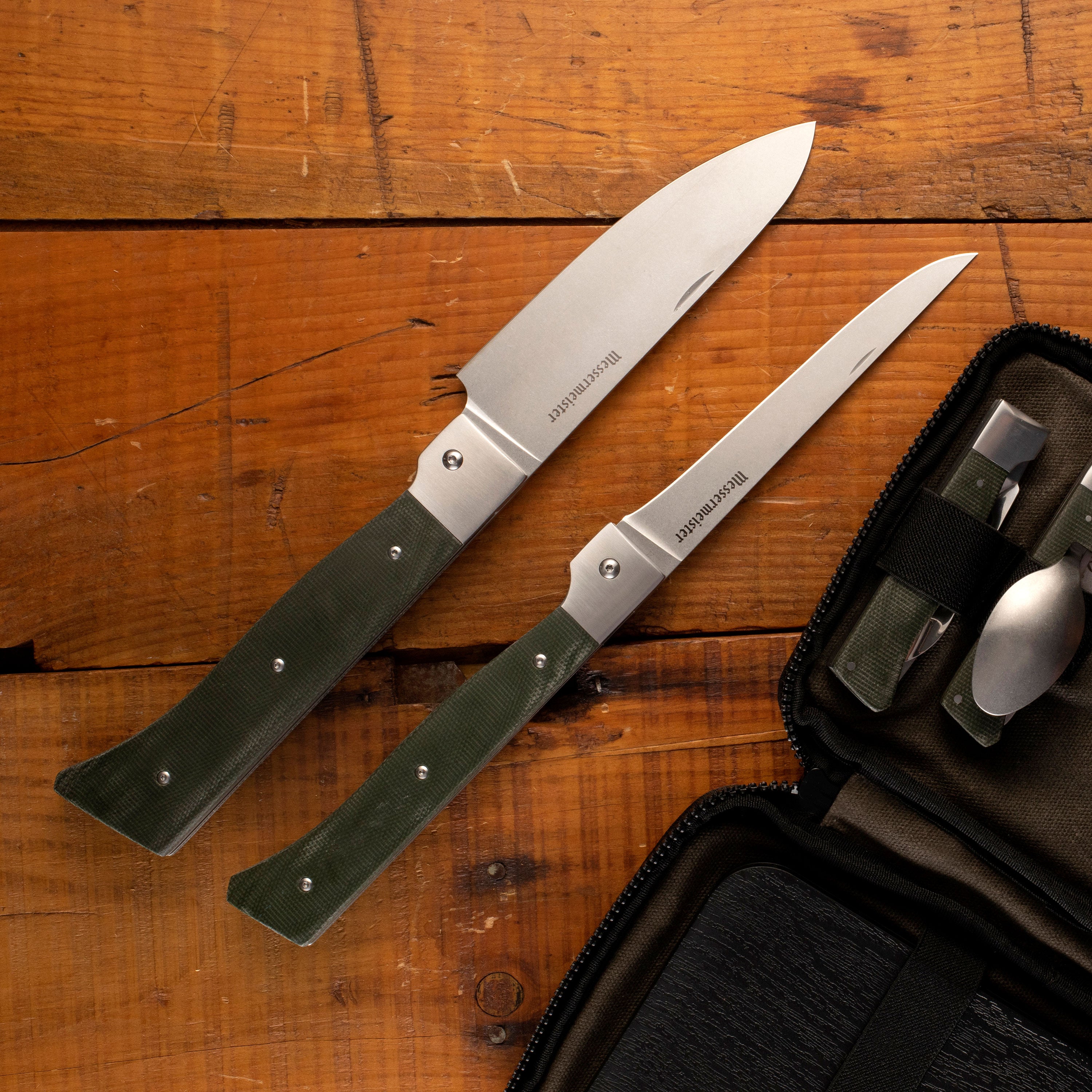 Outdoor use of portable cutlery set for outdoor cooking during a backcountry meal prep.