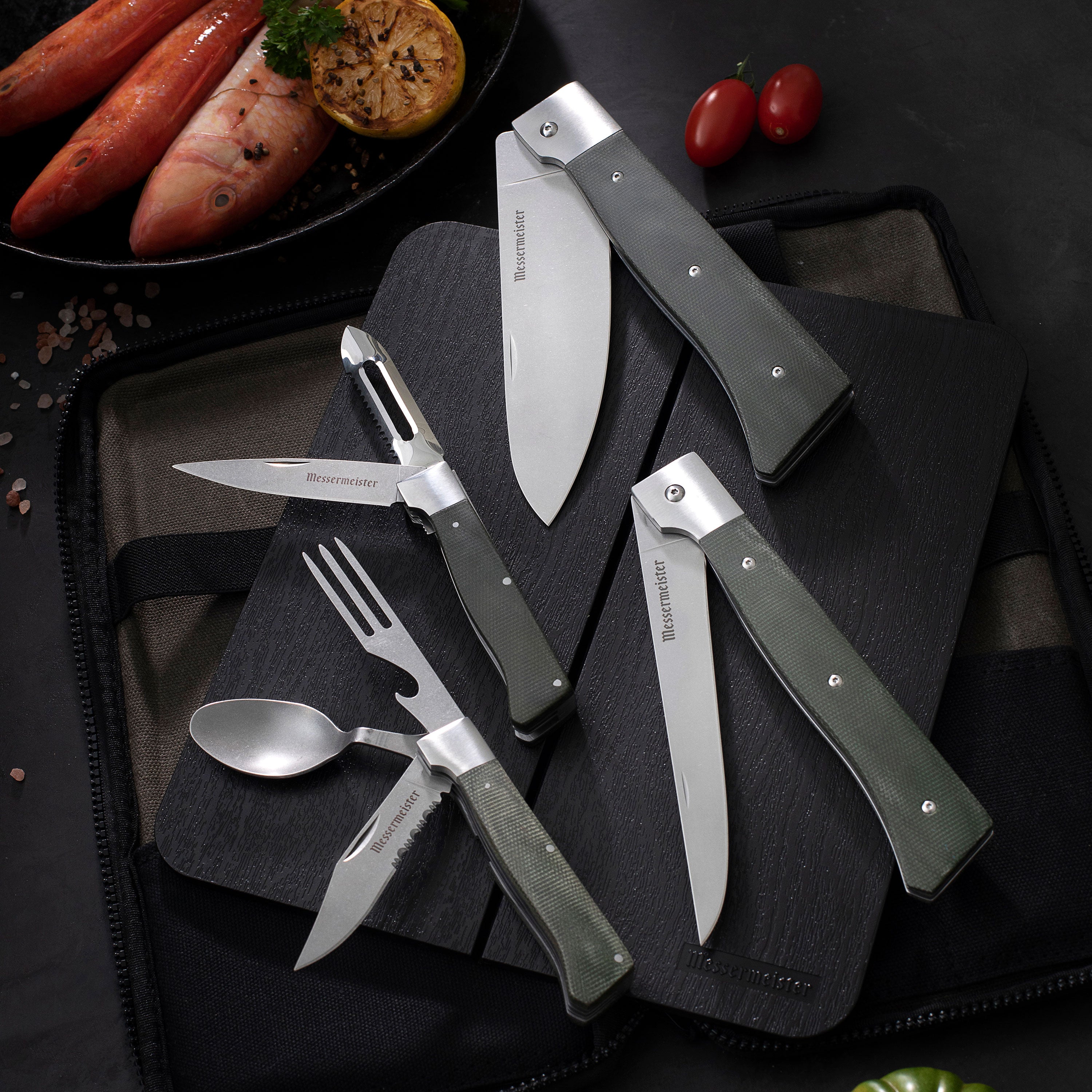 Close-up of the folding kitchen knife showing stonewash blade finish and linen handle.