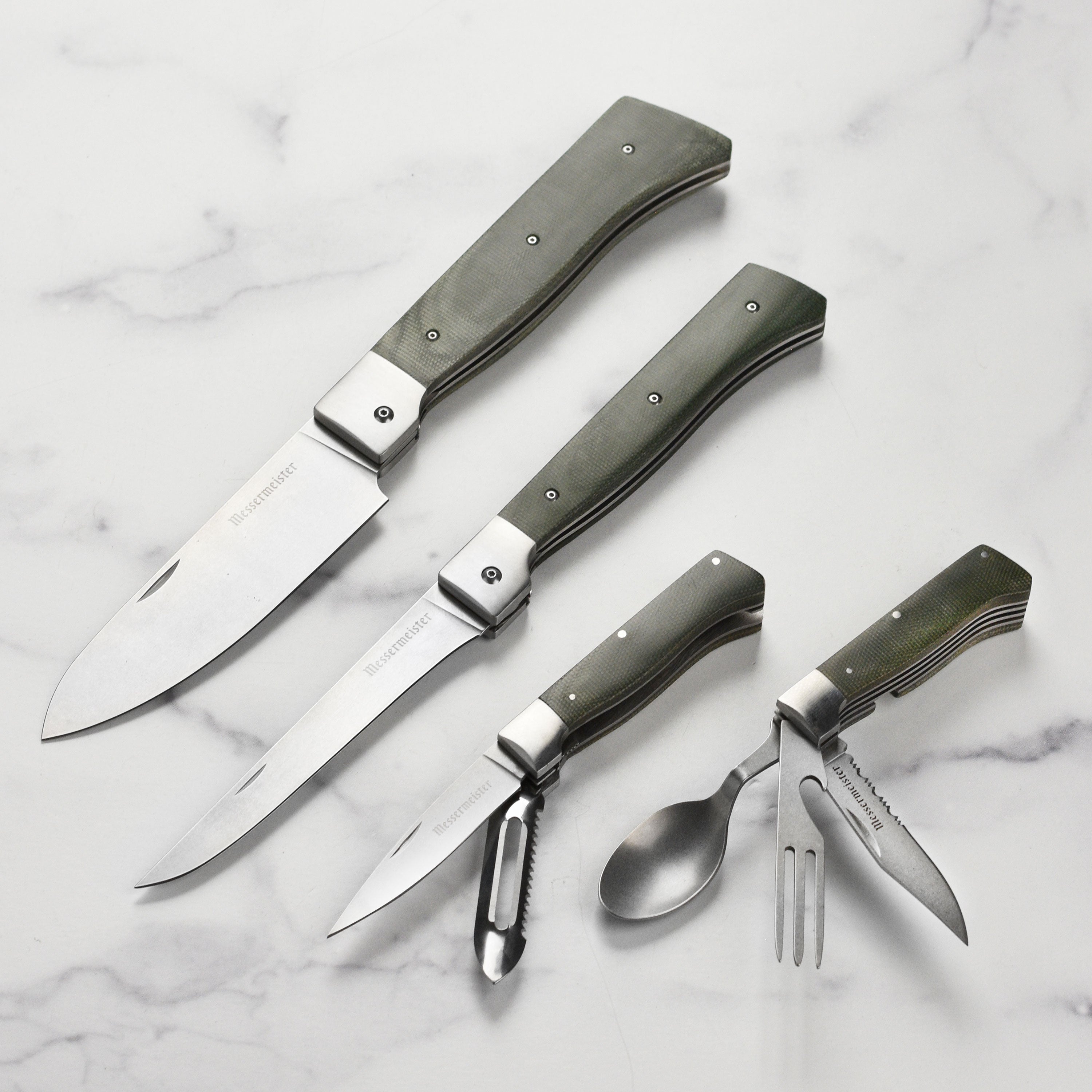 Top-down view of the best chef knife set for camping laid out beside portable cookware.