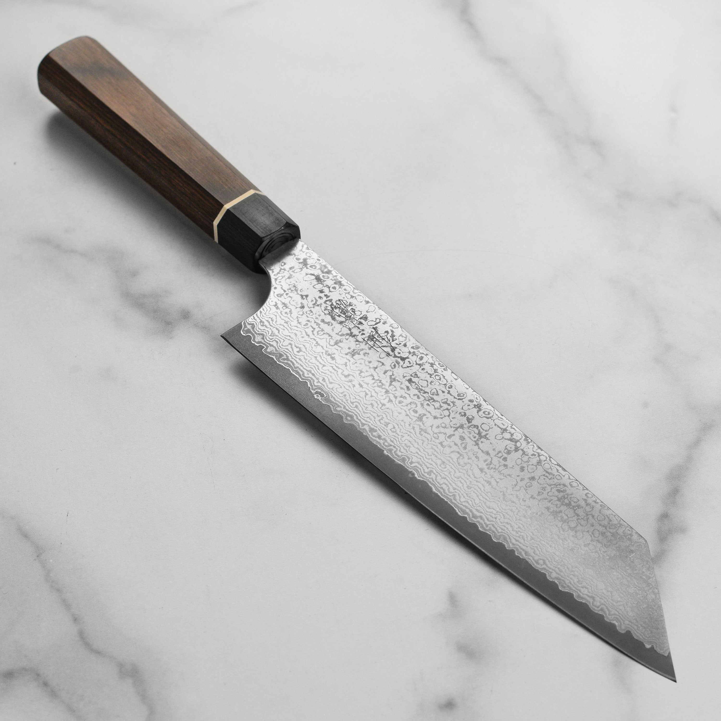 Front view of Senzo Black Damascus 8-inch Kiritsuke Knife with detailed blade pattern