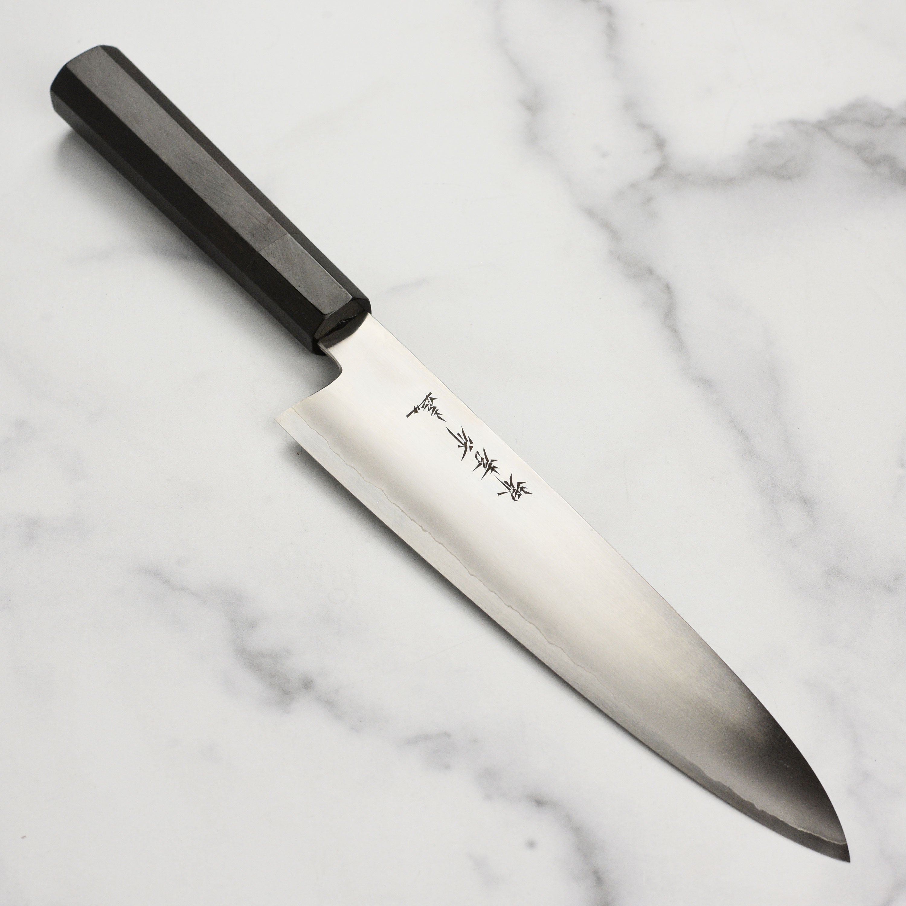 Takayuki Ginsan gyuto knife with detailed view of the blade and handle