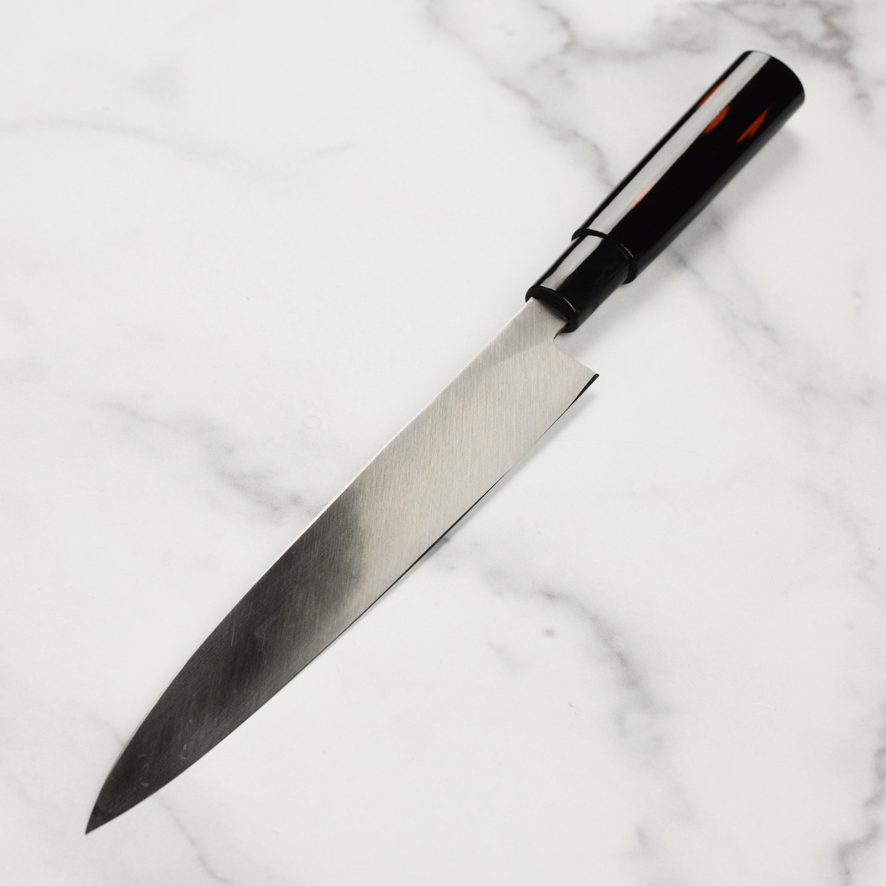 Shikisai professional Yanagiba knife with saya and black buffalo horn ferrule, perfect for kitchen use.