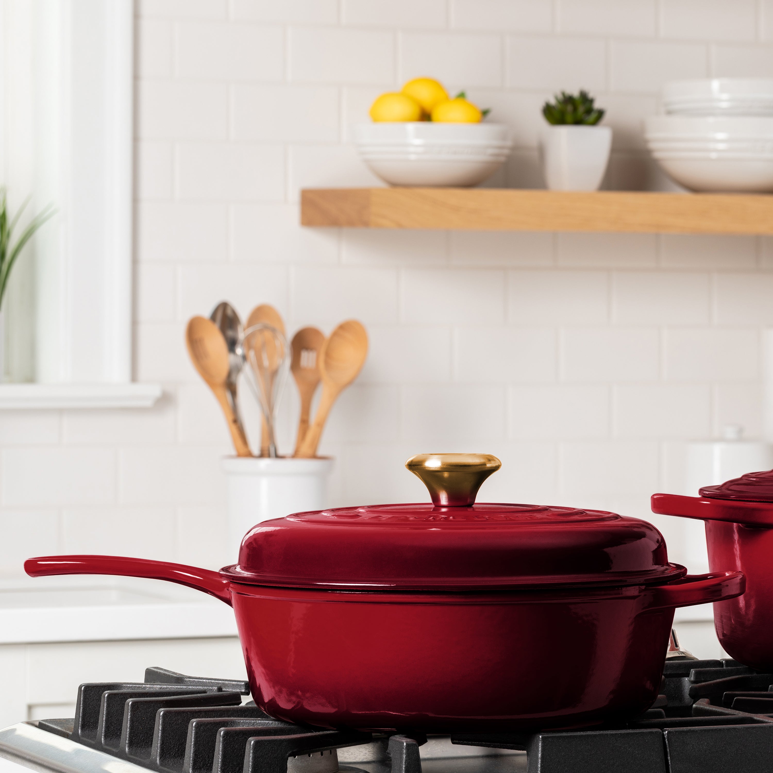 Le Creuset Dutch oven on a stovetop, ideal for cooking a hearty stew, demonstrating its compatibility with various cooktops.