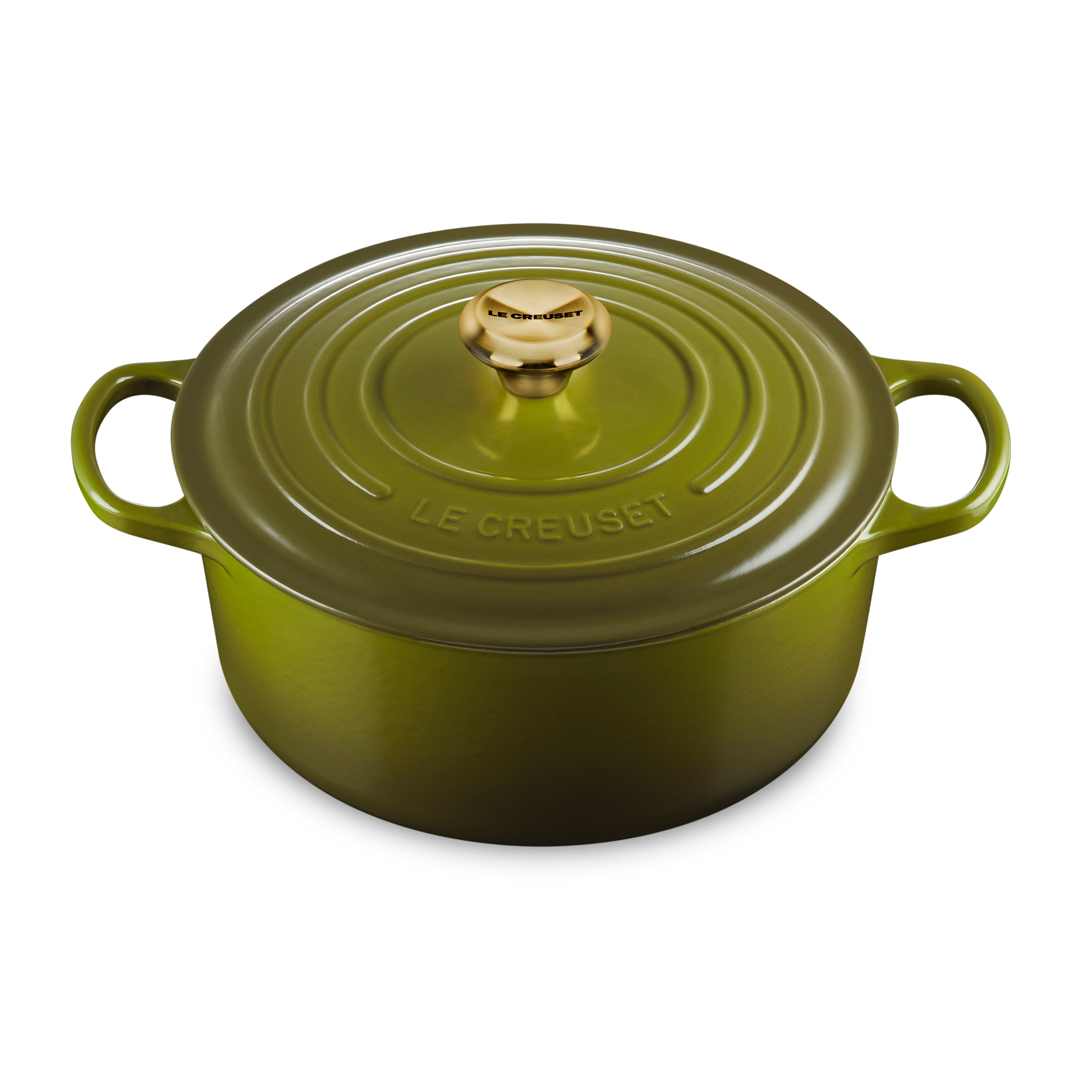 Le Creuset enameled cast iron Dutch oven with lid in olive color on stovetop