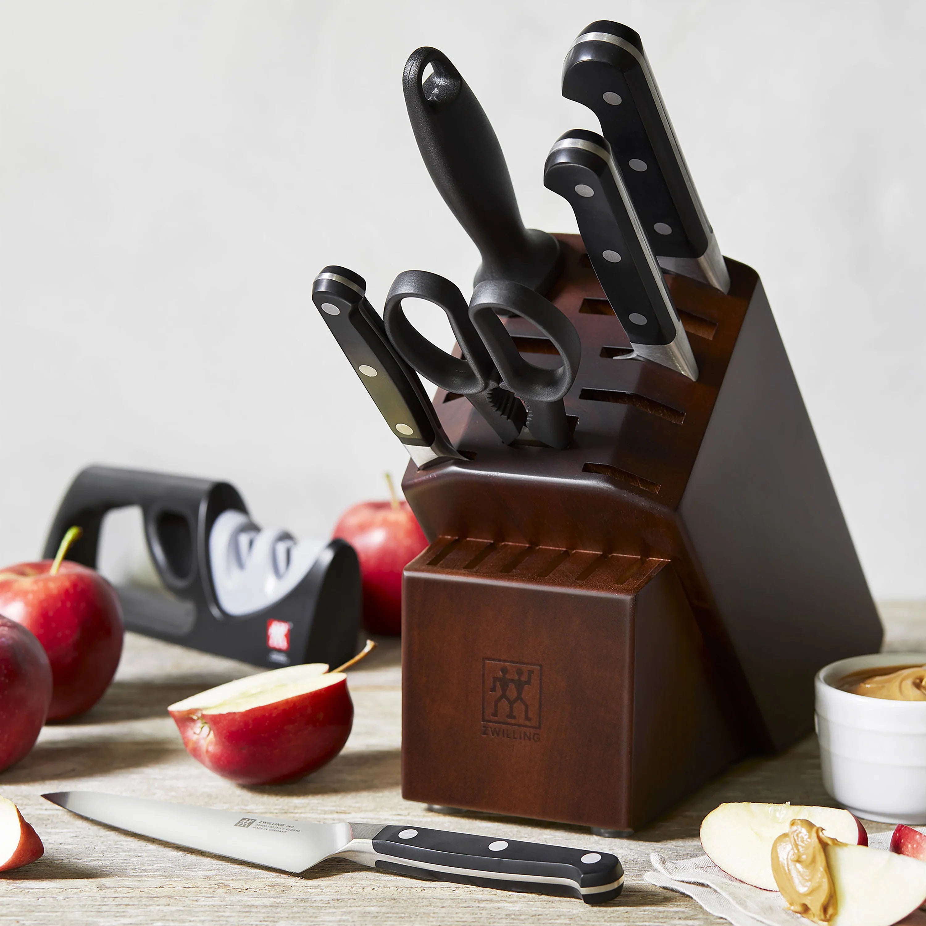 Close-up of the Zwilling Pro knife block highlighting its durable acacia wood.