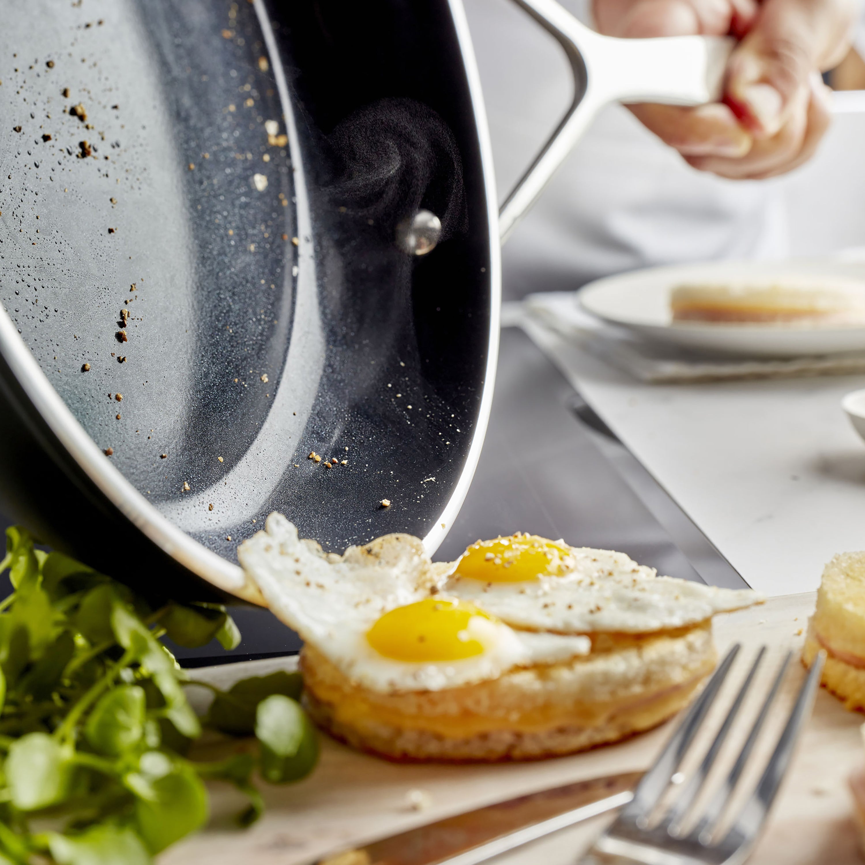 Close-up of the non-toxic ceramic coating inside the fry pan, safe for metal utensils