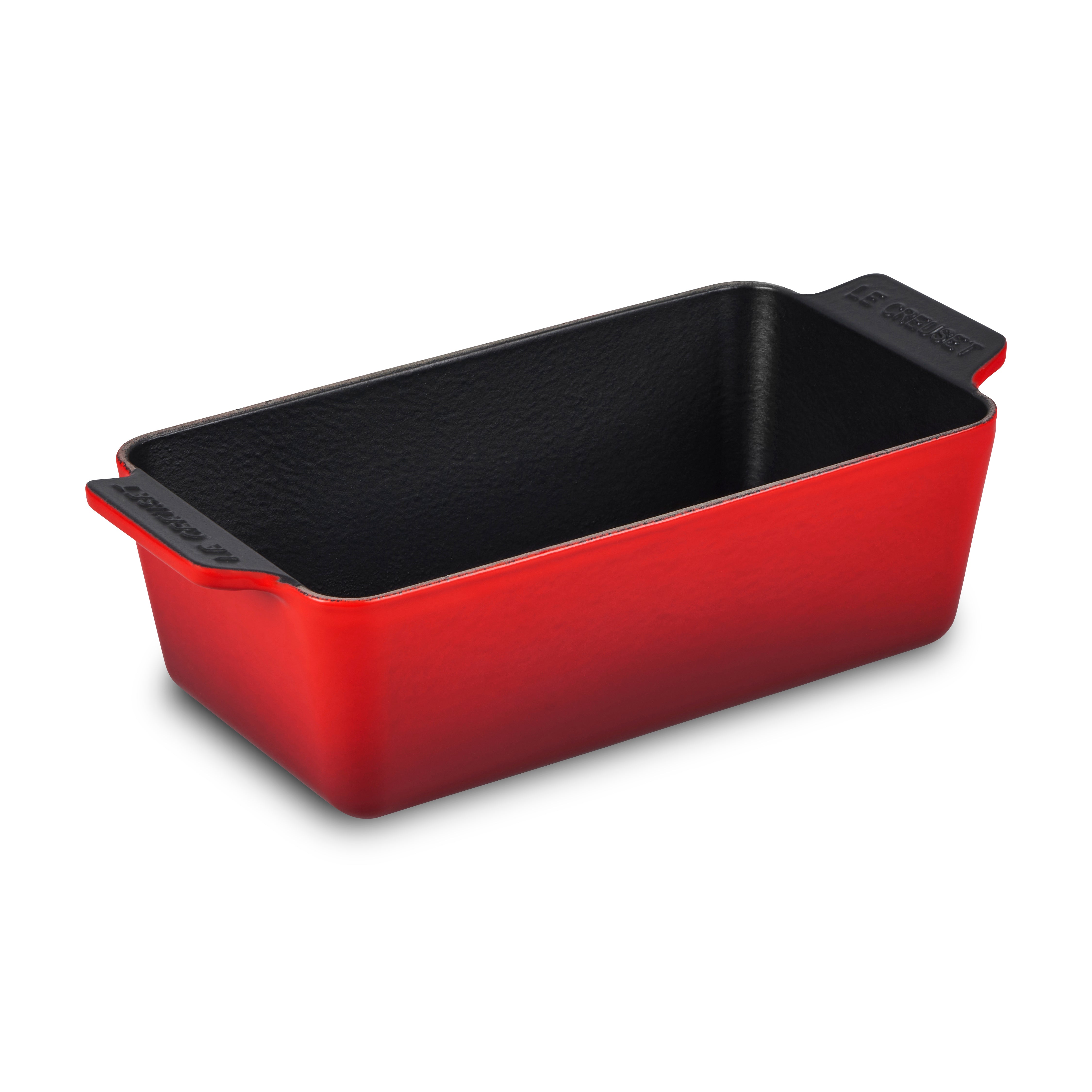 Front view of Le Creuset 9x5 loaf pan showcasing the Cerise red enamel finish