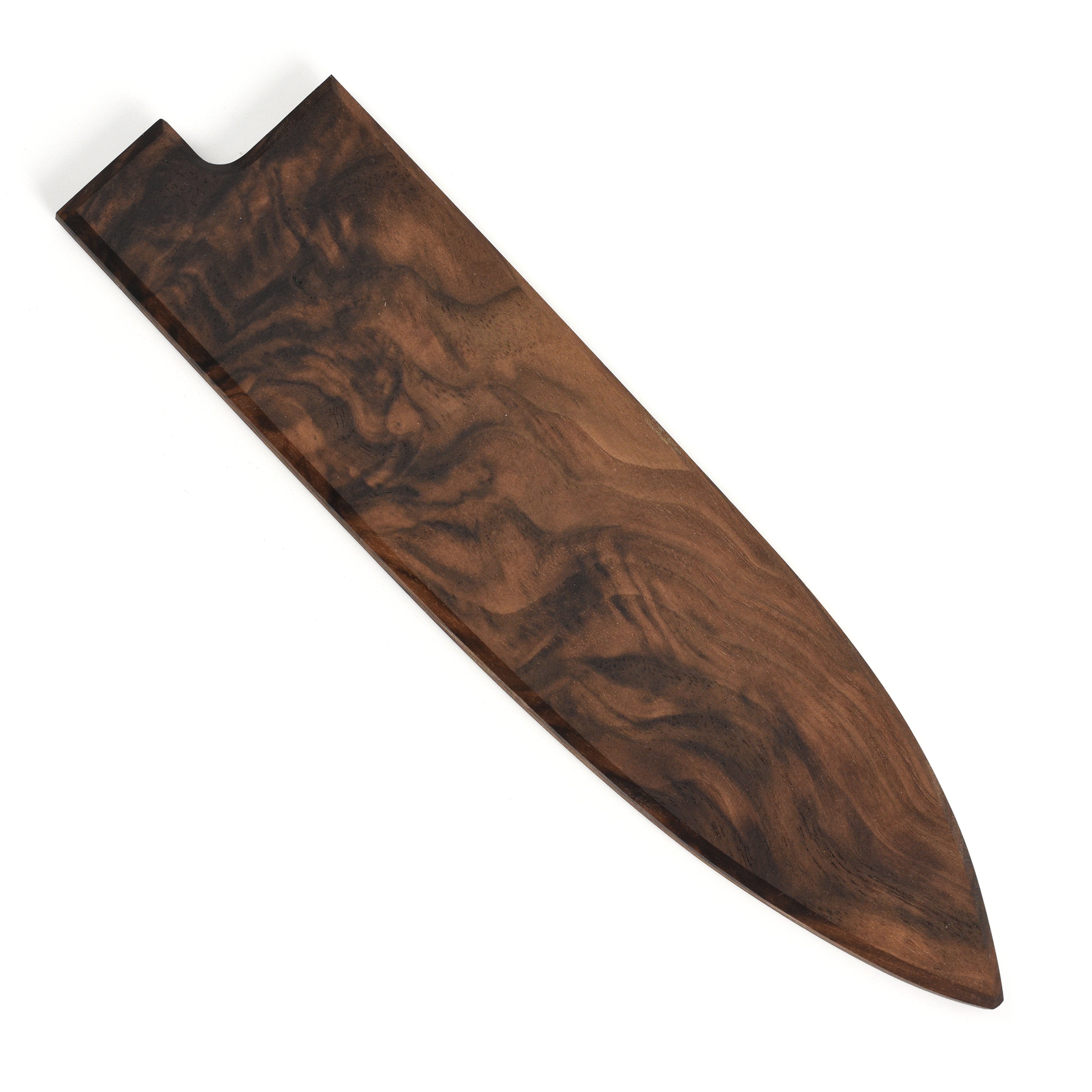 Close-up of walnut magnetic saya showing smooth grain and hidden magnetic closure