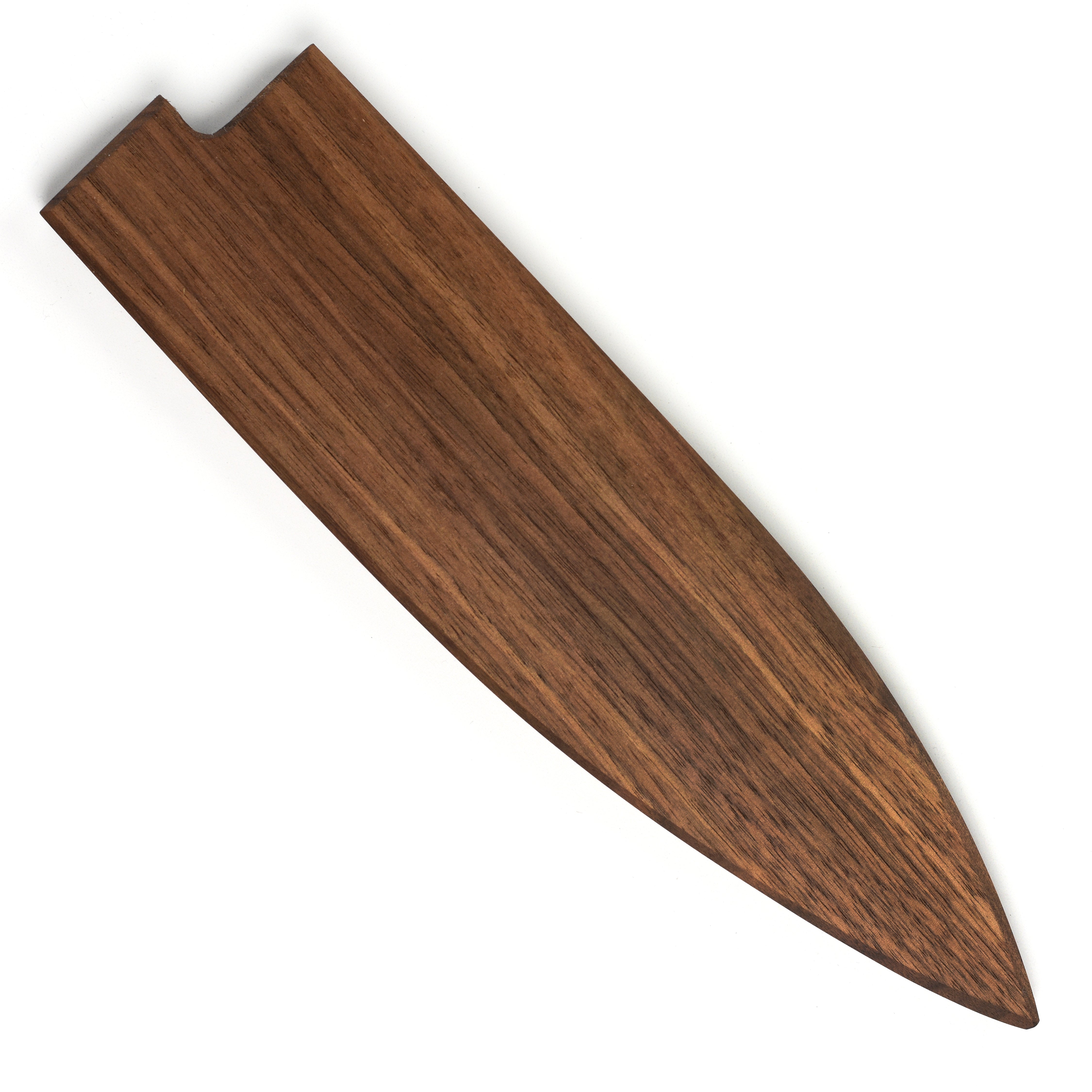Handcrafted walnut magnetic saya for gyuto knives, showing the natural wood grain and magnetic closure