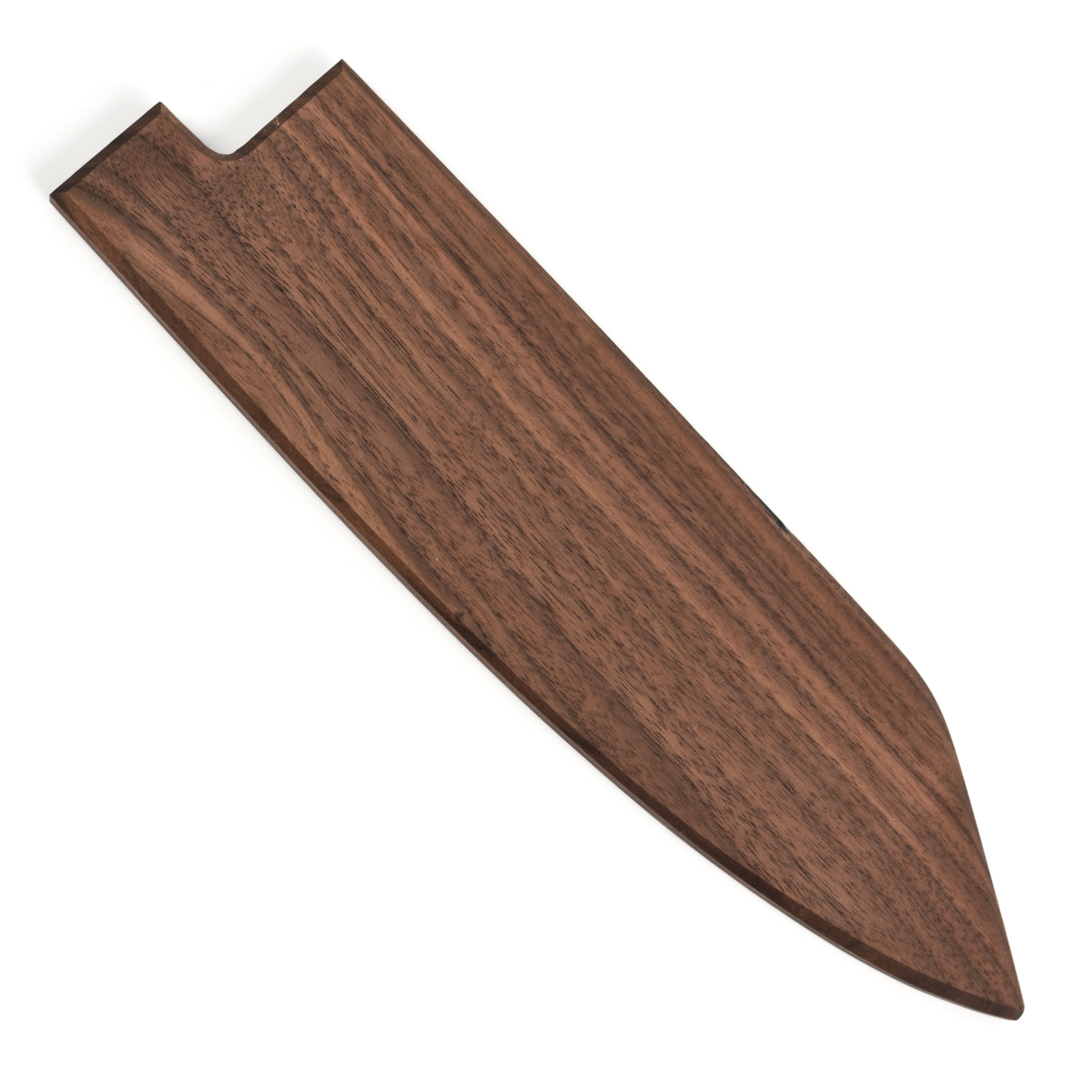 Close-up of the walnut magnetic knife saya holding a 9.4" Kiritsuke, highlighting the embedded magnets.