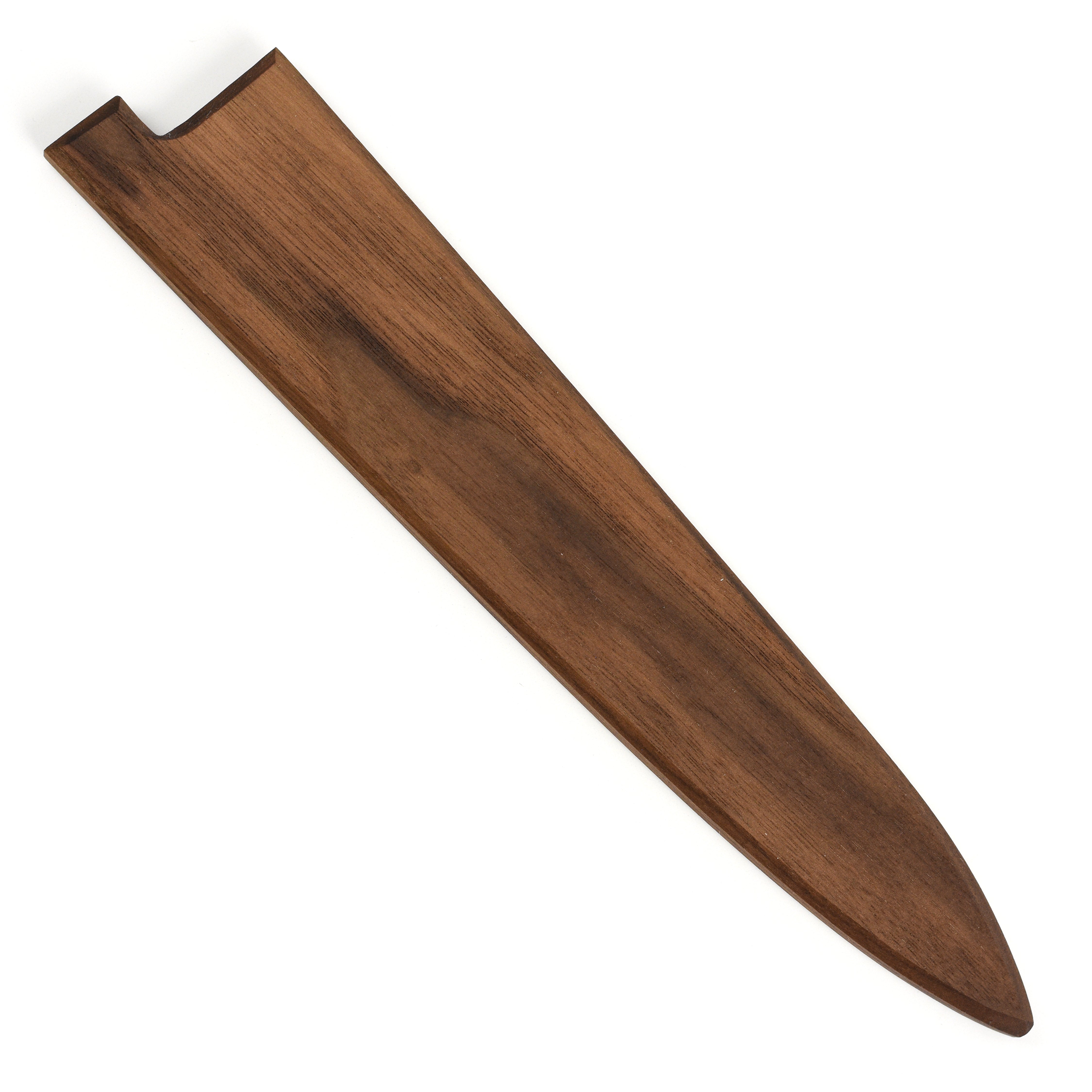 Top-down view of walnut magnetic knife saya fitted to a 9.4" sujihiki knife