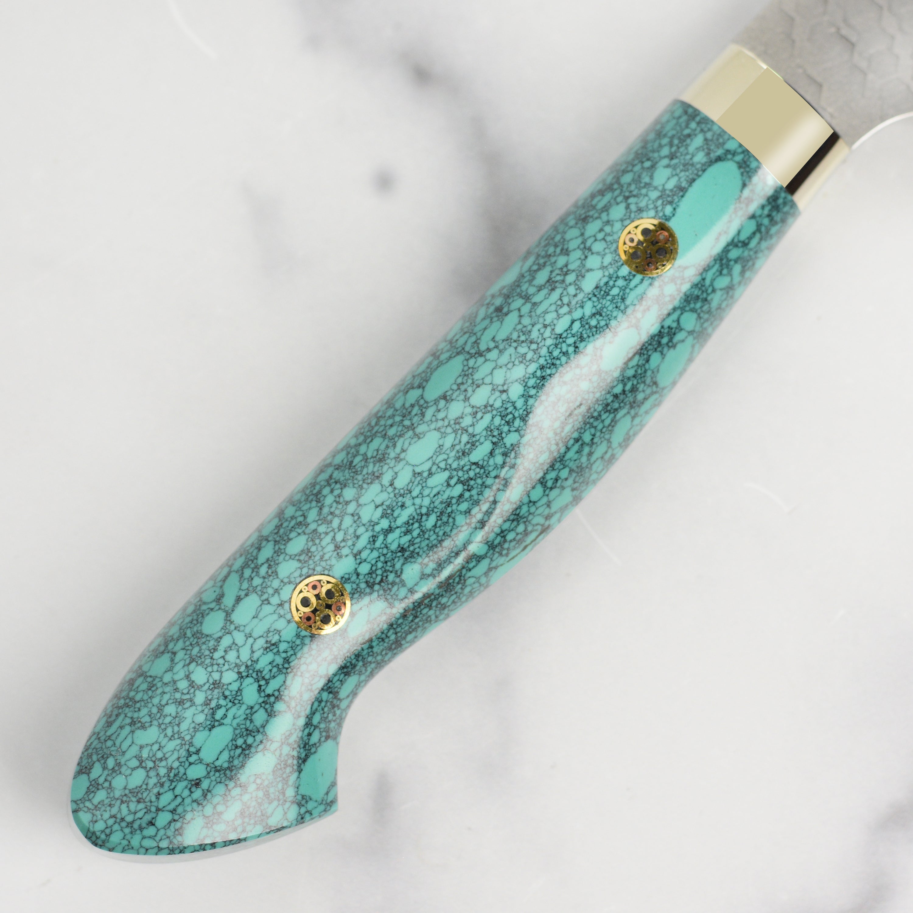 Close-up of Nigara SG2 Migaki Tsuchime 7-inch Kiritsuke Nakiri blade for precise vegetable slicing