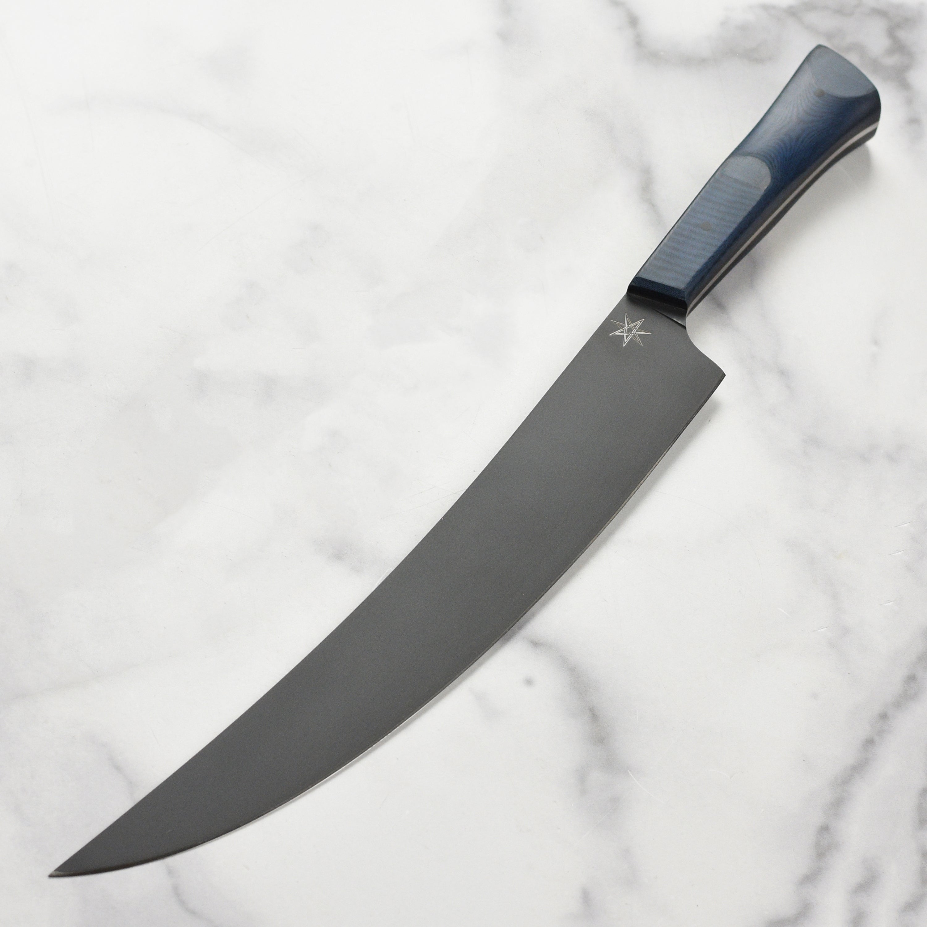 Town Cutler eXo Blue 11-inch scimitar knife with blue handle and stainless steel blade, ready for meat slicing