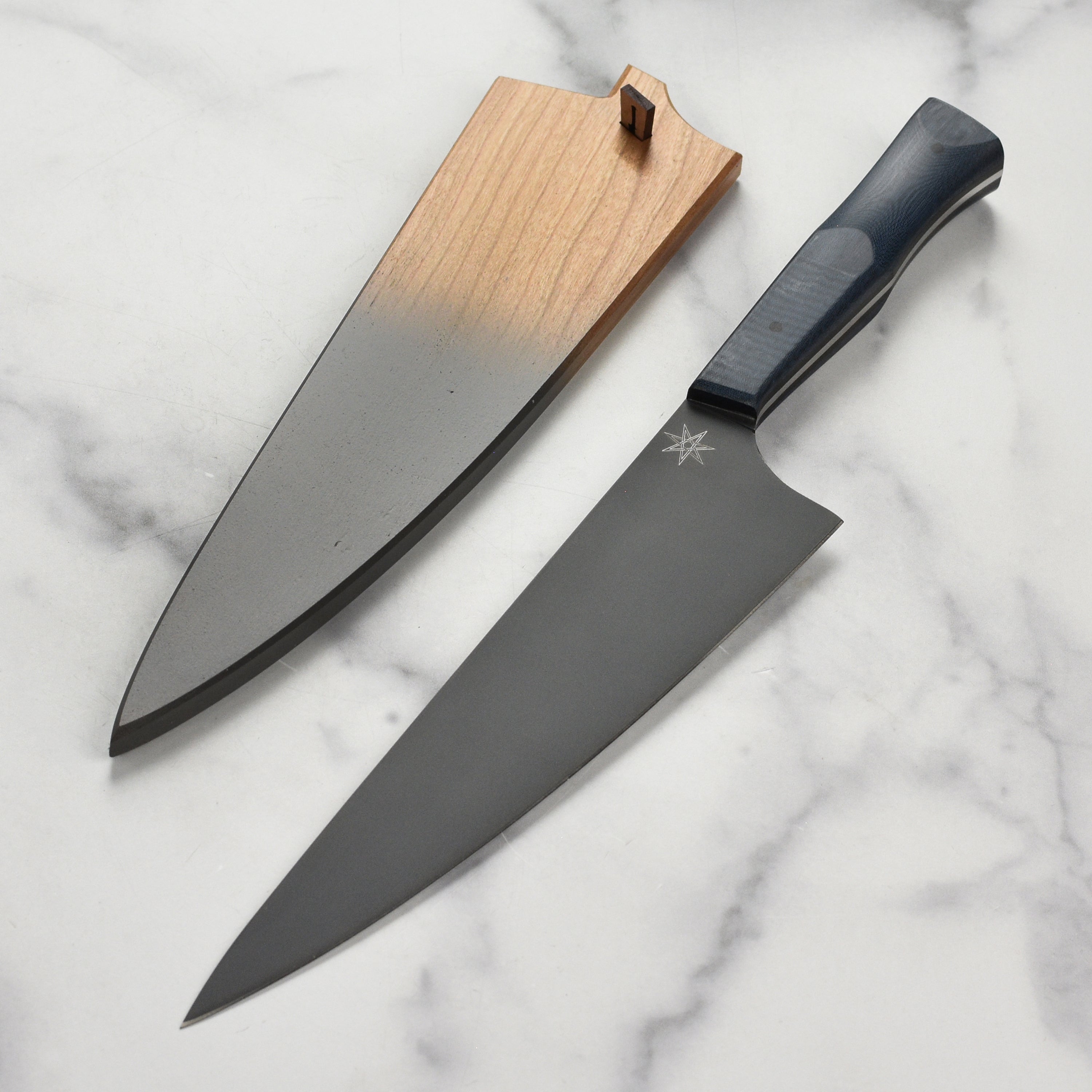 Town Cutler eXo Blue chef knife saya in use during meal preparation.