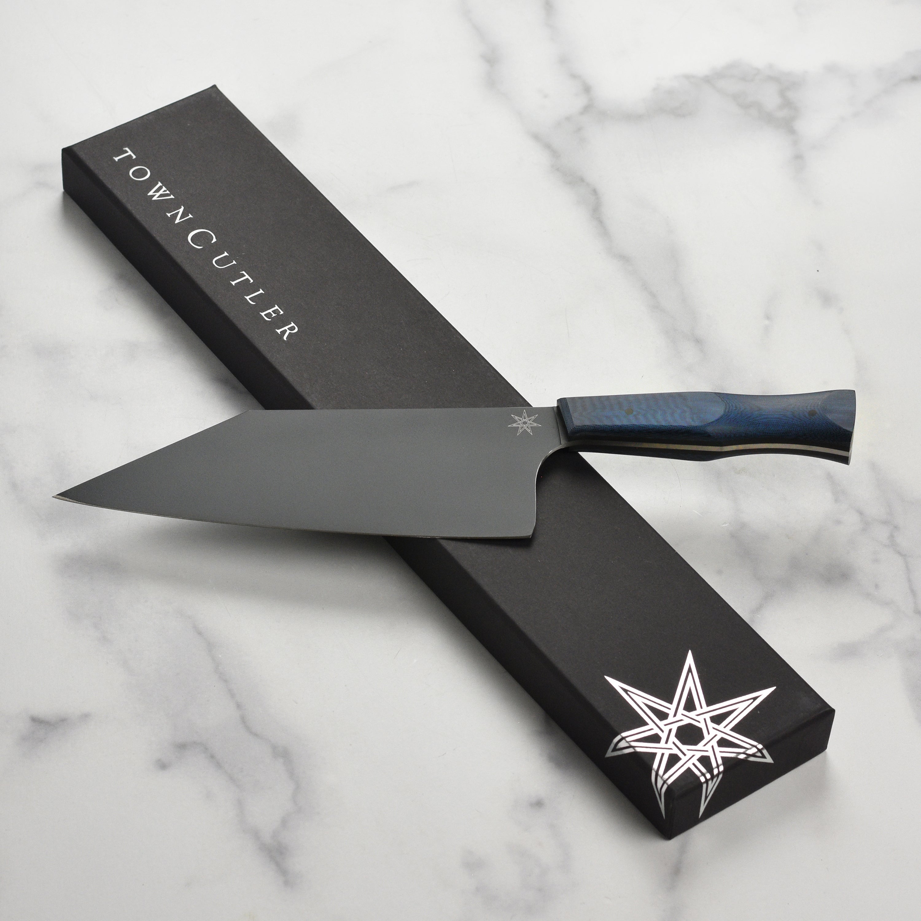 Blue Micarta Chef Chopper Knife showcasing the stainless steel blade and micarta handle.