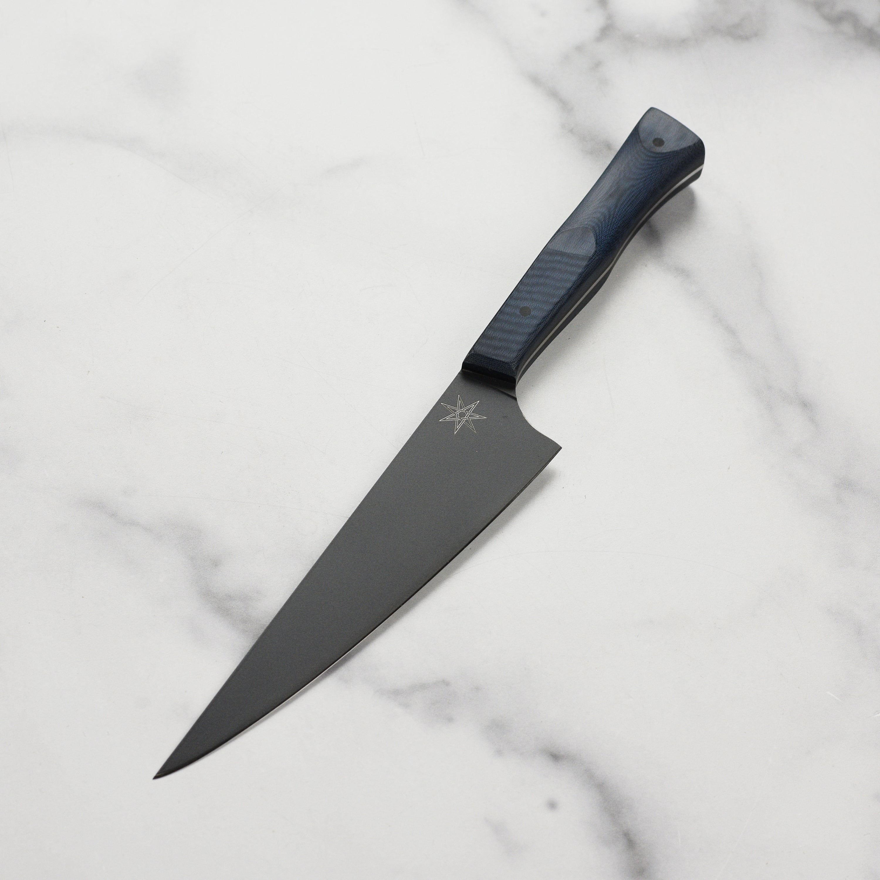 Front view of the Town Cutler eXo Blue 6-inch utility knife with stainless steel blade and micarta handle