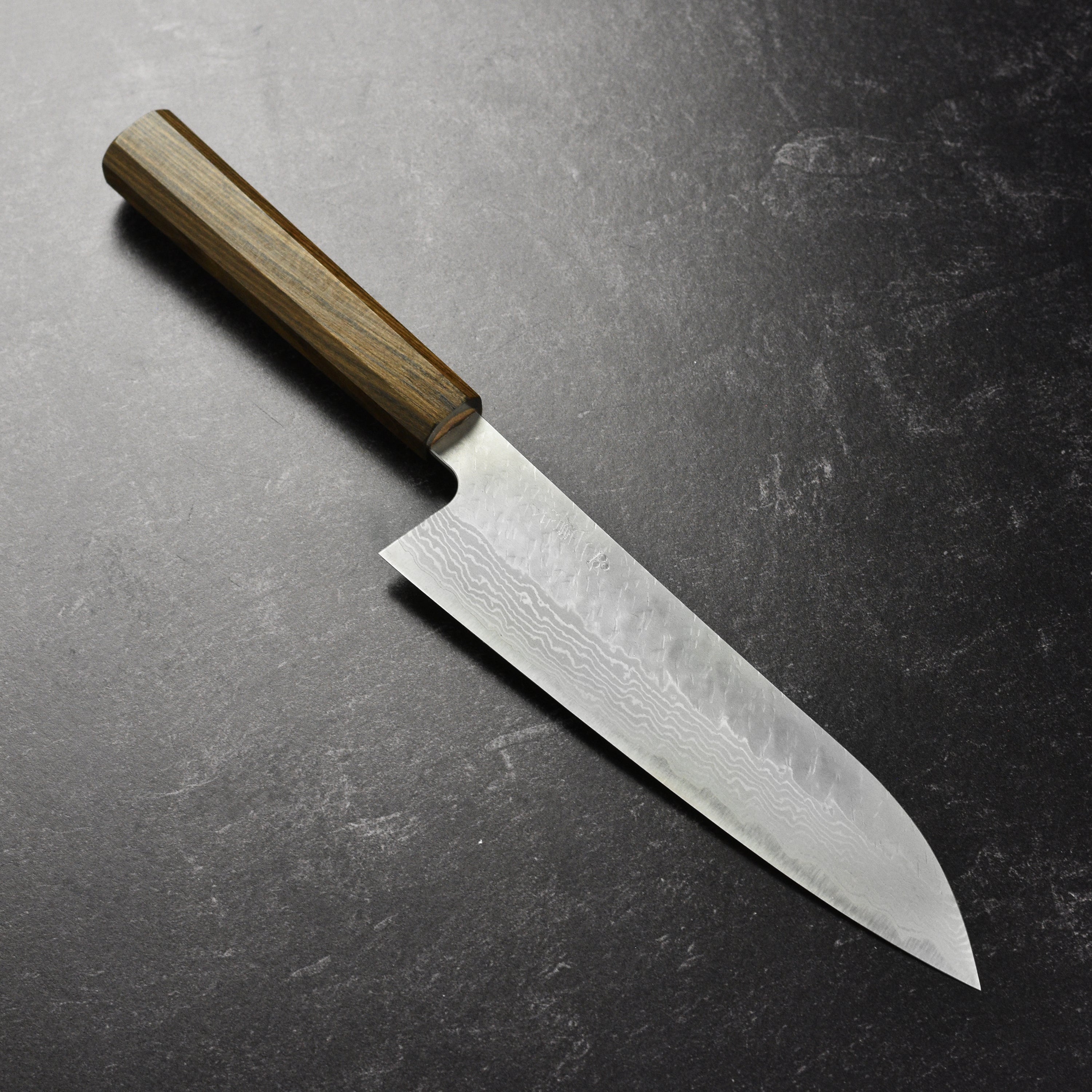 Tsuchime Damascus Gyuto Knife angle view showcasing the blade and handle