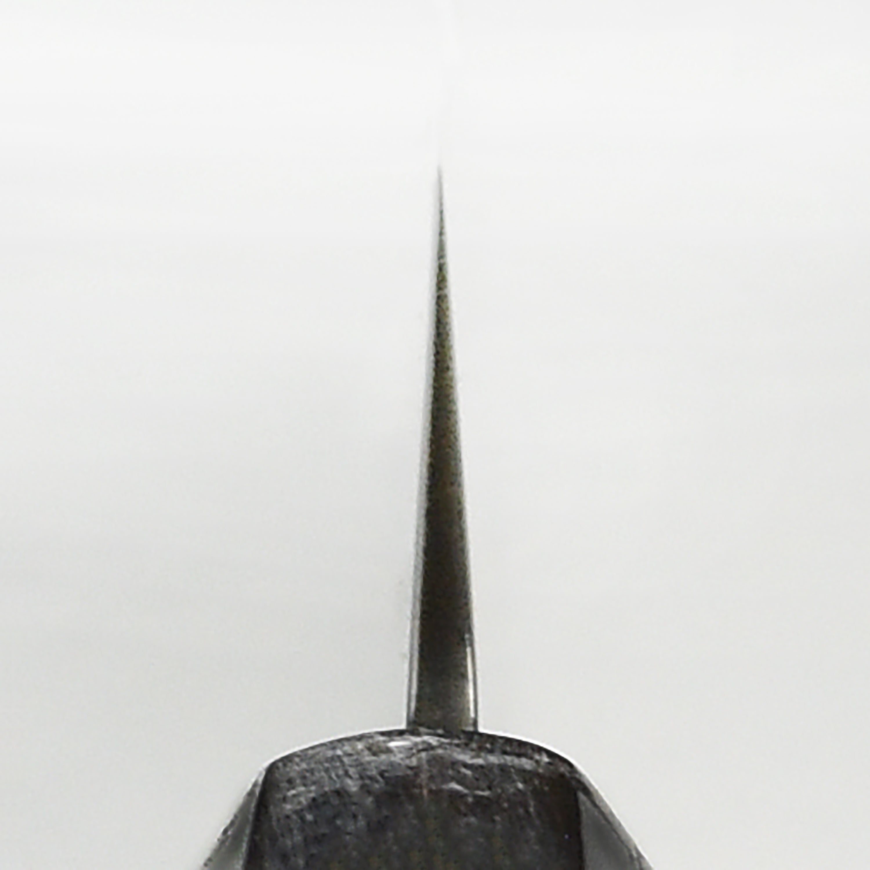 Close-up of Takayuki Tsuchime Damascus petty knife highlighting the blade and ebony handle.